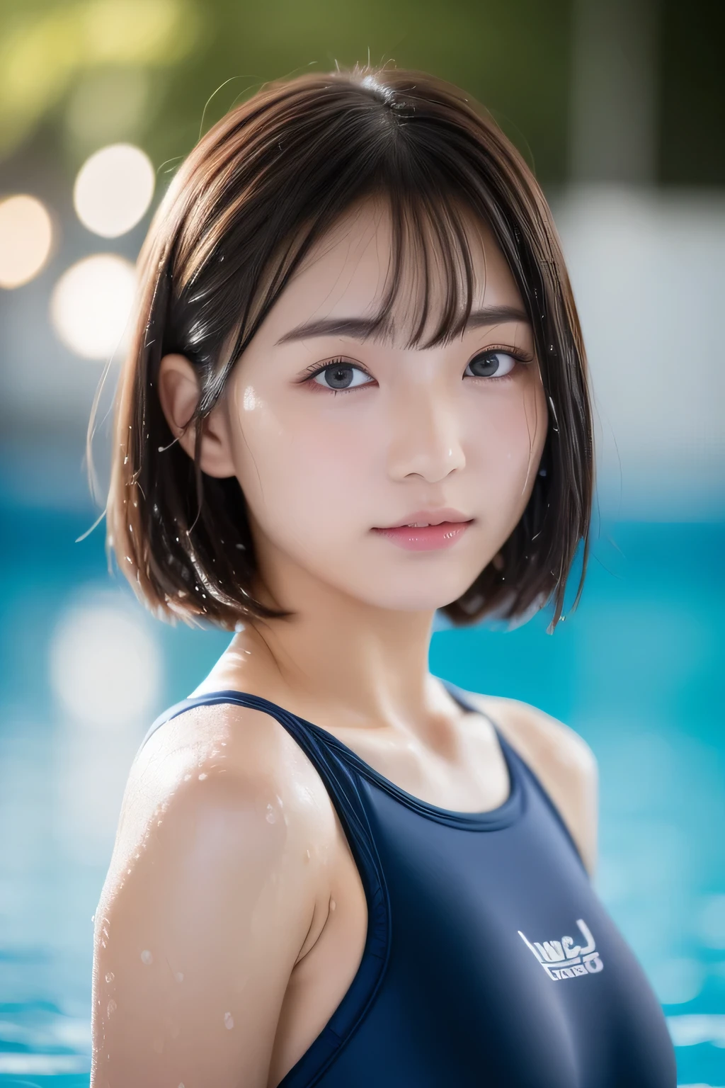 ulzzang -6500-v1.1,NSFW, (Raw photo:1.2), (Photorealsitic), a beautiful detailed girl, extremely detailed eye and face, beatiful detailed eyes, huge filesize, hight resolution, ighly detailed, top-quality, [​masterpiece:1.6], illustratio, ighly detailed, nffsw, finely detail, top-quality, 8k wallpaper, Cinematographic lighting, 1girl in, 17 age, perfect body type, Big breasts with tension、【Colossal tits、heavy breasts、J-Cup:1.9】、Cute drooping eyes、Beautiful big eyes、Sweaty and wet、【sexual excitement:1.8】、(the whole body is wet:1.2)、Light in the eyes、short-hair、hi-school girl、(Japan School Swimwear、Navy blue one-piece swimsuit、Student swimsuit in navy blue Japan:1.3)、swimming pools、dynamicposes