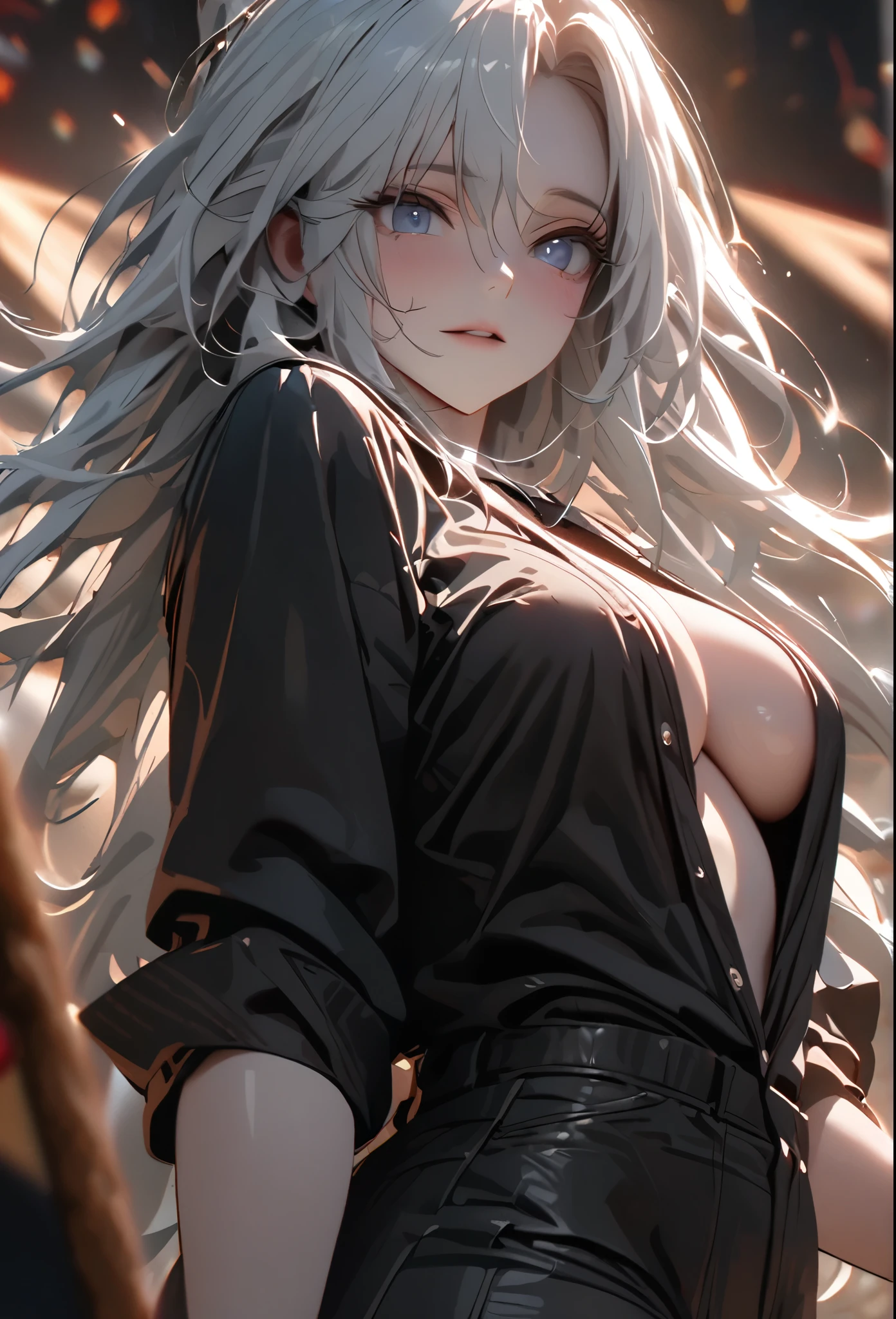 (solo), older looking woman, white hair, messy hair, mane hair, long hair, dense hair, wild hair, expressive hair, mature,(25 year old), pale skin, blue eyes, ((woman)), beautiful girl, cheeky, wearing a black robe, black ubuttoned shirt with rolled up sleeves, open shirt, large breast, medium ass, black pants, Staff, beautiful, giant smile, crazy, attractive, eye reflection, depth of field, thunder aura,cinematic lighting, ray tracing, depth of field, cinematic lighting, ray tracing, UHD, high details, best quality, highres, high quality, award winning, super detail, masterpiece, 8k, UHD, high details, best quality, highres, high quality, award winning, super detail, masterpiece, 8k, digital art, anime coloring, body shot, good face, perfect face, detailed face, good eyes. in Space, stars and planets