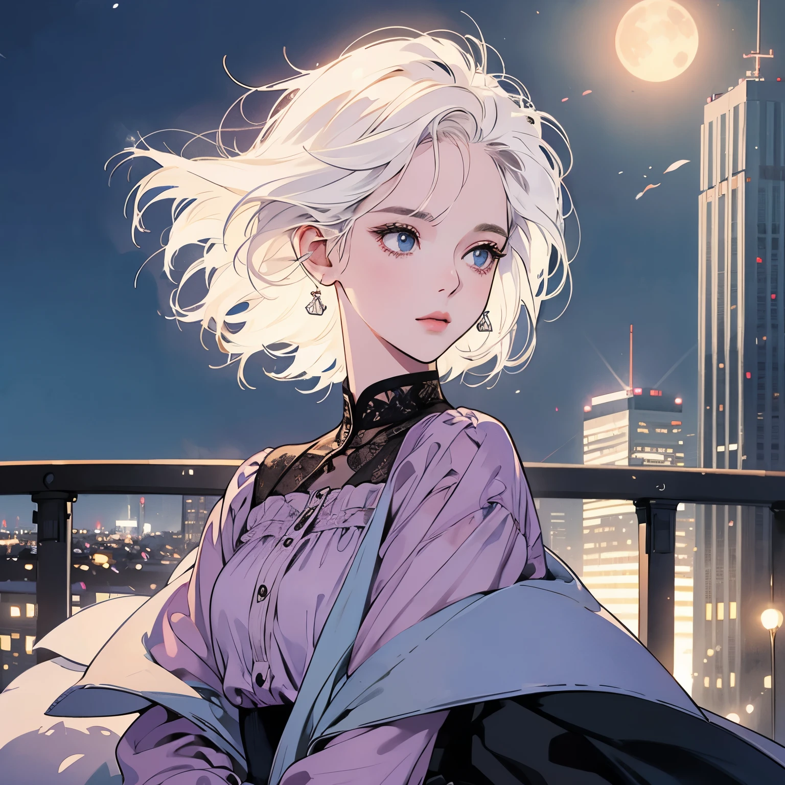 whole body、Kind Face、1 pretty woman、blouse、Pedestrian bridge、skyscraper、night、moonlight、Complex background、Detailed Hair、pale white hair、Faint lighting、The wind is blowing、Short hair