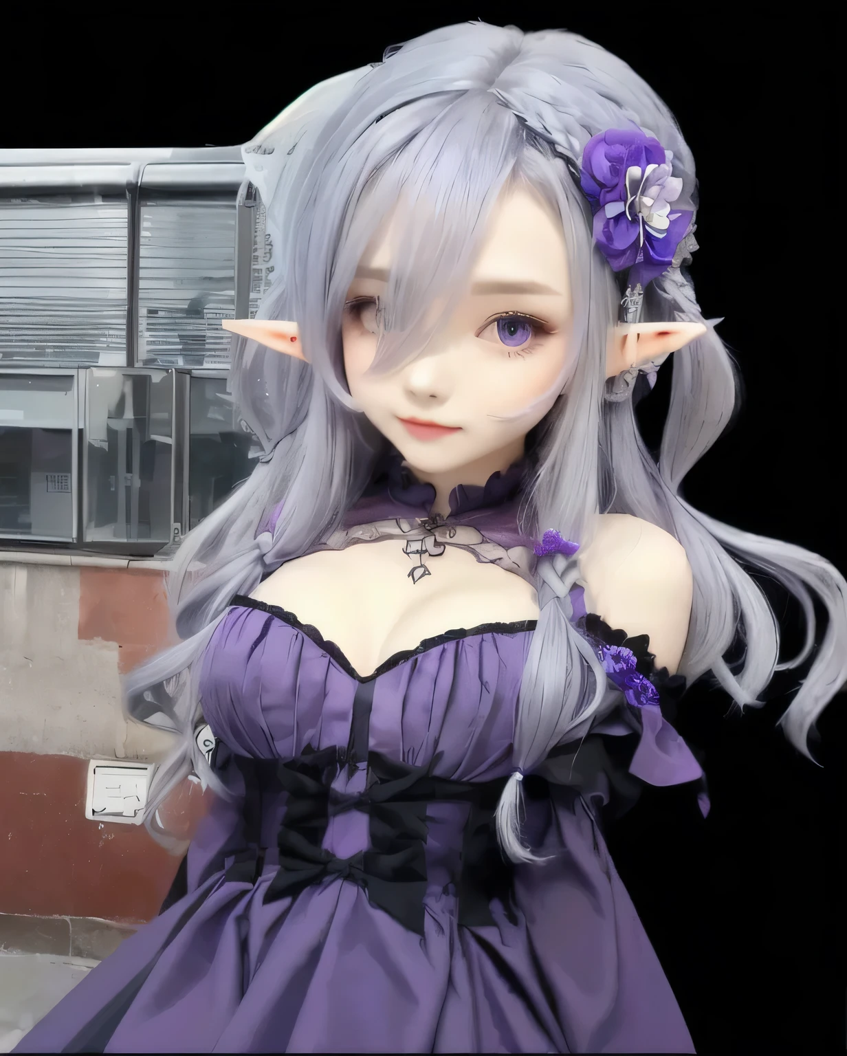 girl, long gray hair with waterfall braid, purple gothic dress, purple flower hair accessories, elf ear