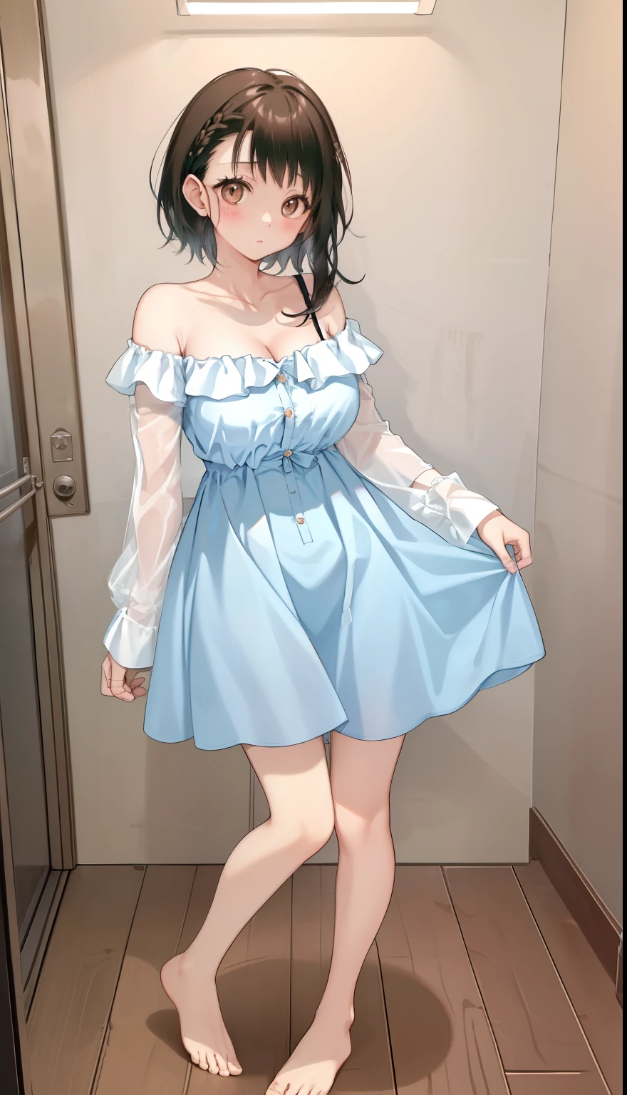 One Girl、positive、Standing posture、Full body portrait、Black Hair、Medium Haircut、blush、Absolute area、No panties、No bra、barefoot、Light blue dress、Off-the-shoulder dress、(Very large breasts)、Cleavage、((Lesbians around the world))、masterpiece、(highest quality)、barefoot、White Sandals 、Shirt buttons fly off、Unbutton your shirt、Exposing the breasts、