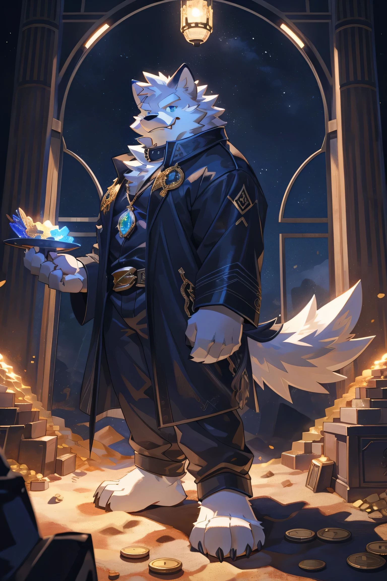 in the vault, Treasure, ((All white fur:1.5)), Solitary, Perfect sky blue eyes, collar, (artist:Takemoto Arashi), face, Elders, Naughty face, flashing, Long eyelashes, (Reach out:1.5), (sharp detailed face), Wearing a long black windbreaker|Black pants, Gold under your feet, doyagao, Surrounded by gold and jewels, Evil smile, barefoot, Gems in your hands, Show off your trophies, Arrogant smile, Thin and tall figure, from the side, Tonality, Tai Chi E, from below, best quality, Ultra HD, Super Detail, High Detail