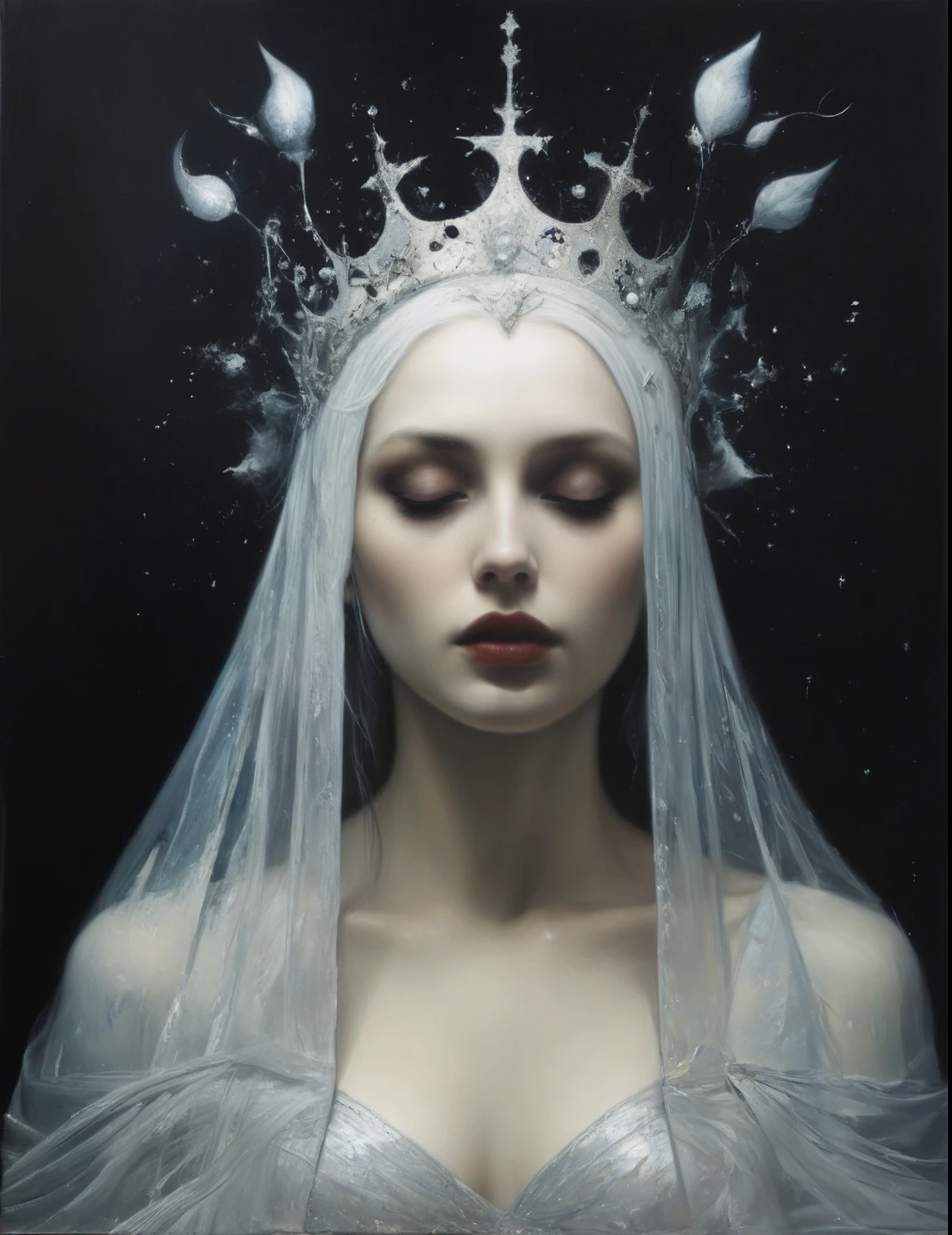 James Gurney, Surrealist art , dream-like, Mysterious, Provocative, symbolic, Complex, detailed,, (Gothic but very beautiful:1.4), (masterpiece, highest quality:1.4) , Nicola Samori Style, Ice Queen
