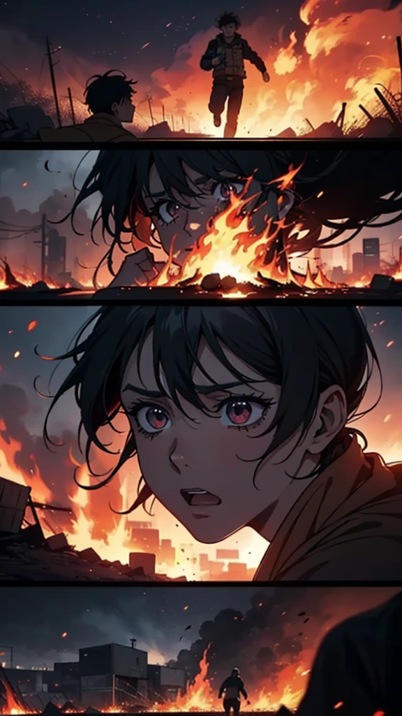 An anime image shows a refugee camp in Palestine engulfed in intense flames, with roaring fire and thick black smoke rising. Refugees are seen running in panic, their faces reflecting deep fear and sorrow. The dramatic colors and powerful visual effects effectively capture this tragic situation with profound emotion and concern.