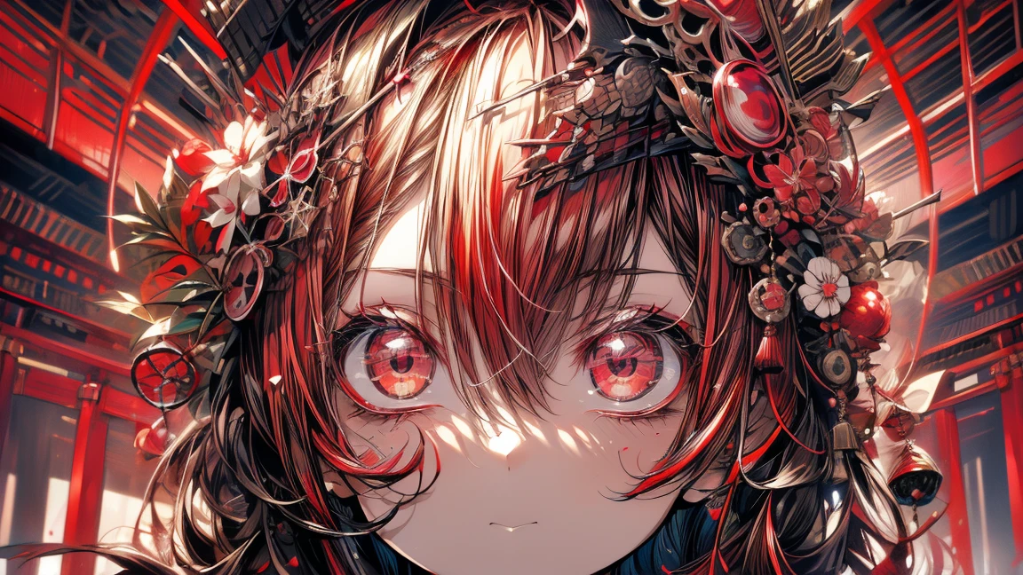 World of Crimson Red, Girl dressed as a geisha in red, Very beautiful kimono, Large-scale murals, Multi-layer dimensions, Red Sky, Red Japanese architecture, Red gradient, Anime Wallpaper Cute Red Lantern Girl, Highly detailed face, cute, In the style of a landscape environment, Japanese Landscape, dark red and bright red,, dark burgundy and bright crimson color,, Digital art techniques --ar 5 7 --niji 5 --beautiful style,