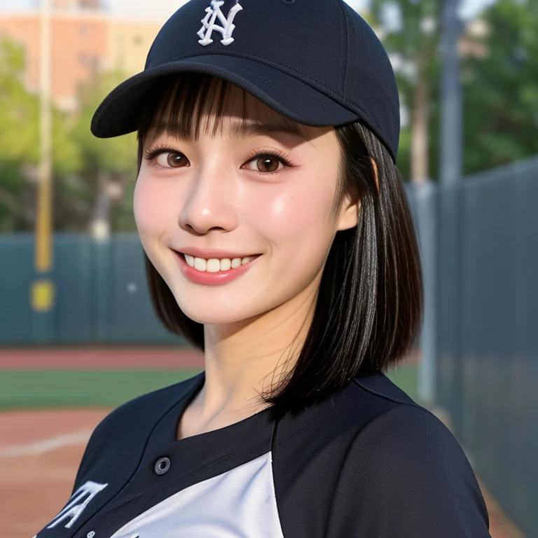 (kawaii 24 year-old Japanese girl, Nogizaka idol, Korean idol, female baseball player), healthy athlete body, (glossy black hair, very short hair, pixie cut, bangs:1.3), beautiful black eyes, rounded face, single eyelid, whitened even teeth, (no makeup:1.2), (big laughing:1.2), (baseball uniform, baseball cap:1.3), extra small breasts, BREAK, (park background, summer daytime:1.2), (dynamic angle, bust shot:1.2), BREAK, (masterpiece, best quality, photo realistic, official art:1.4), (UHD, 8K quality wallpaper, high resolution, raw photo, golden ratio:1.3), (shiny skin), professional lighting, physically based rendering, award winning, (highly detailed skin texture, extremely detailed face and eyes textures), Carl Zeiss 85 mm F/1.4, depth of field, (1girl, solo),