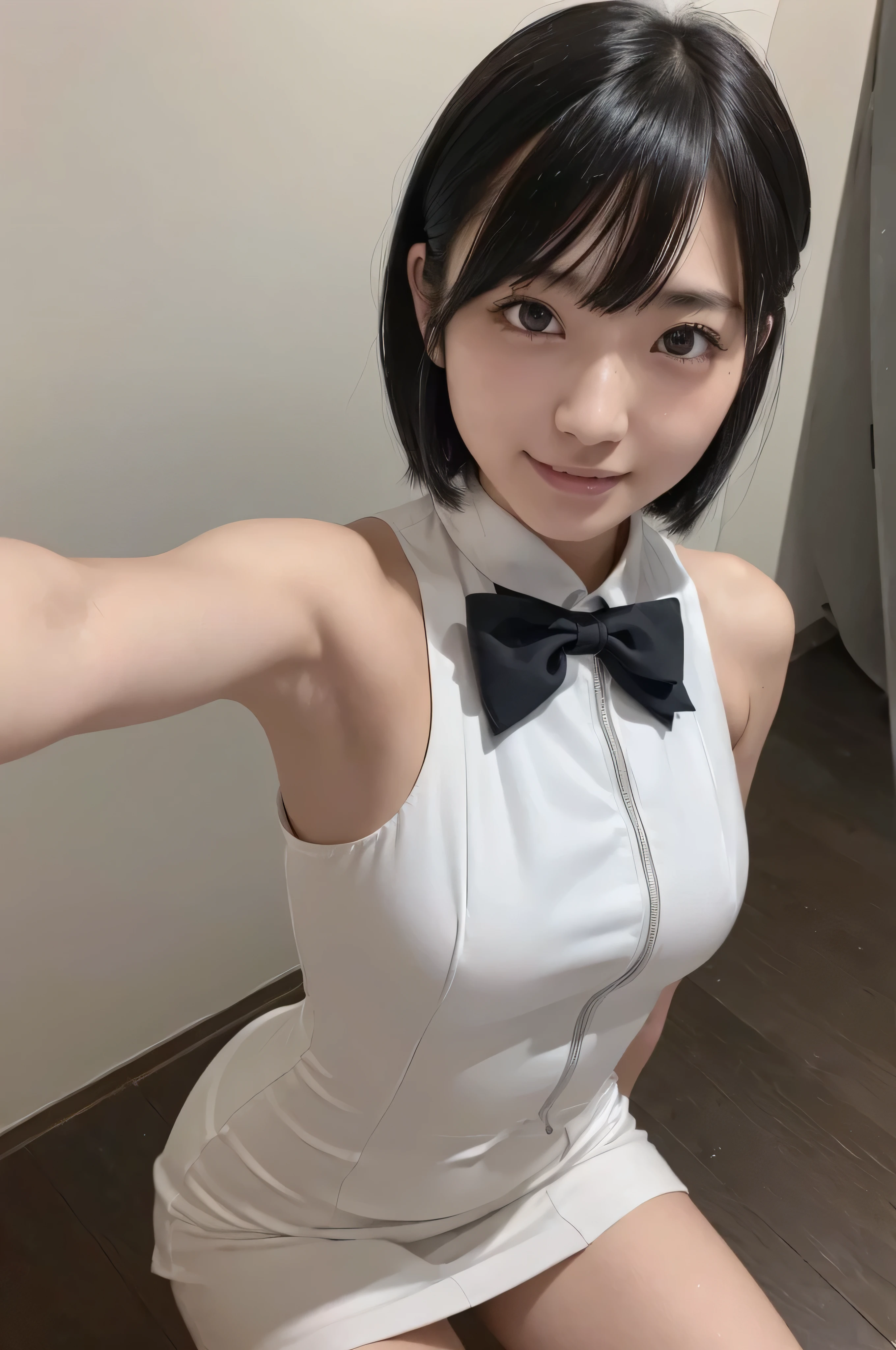 ((highest quality, 8k, Flying debris: 1.3)), beauty, Japanese Girls, whole body, Perfect Anatomy, Black Hair, Blunt bangs, Short hair tied up with hairpins、23 years old, Face Focus, Detailed face, Highly detailed lips, Fine Eyes, Sweaty skin: 1.2, ((Selfie)),Toothy smile,Sleeveless dress,coastal