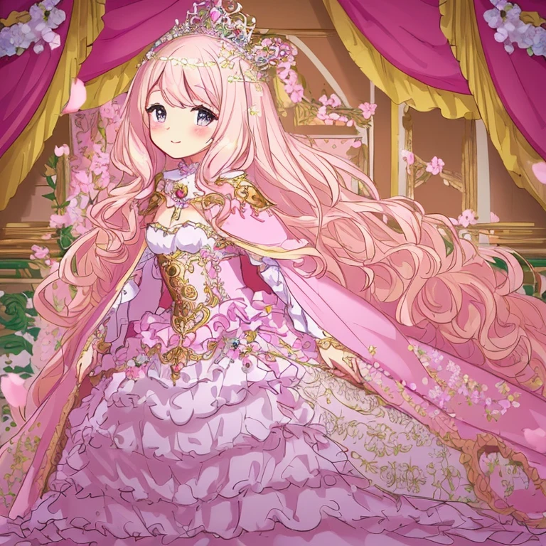 (kawaii),(best quality),(ultra detailed),(rococo style),(long train pastel pink cape:1.15), very long cape,(long train white ball gown with flower decorations:1.1), a girl is wearing a cape over her gown, 1 little princess, tiara, smile, very long hair, small breasts, beautiful detailed eyes, beautiful detailed lips, looking at viewer
