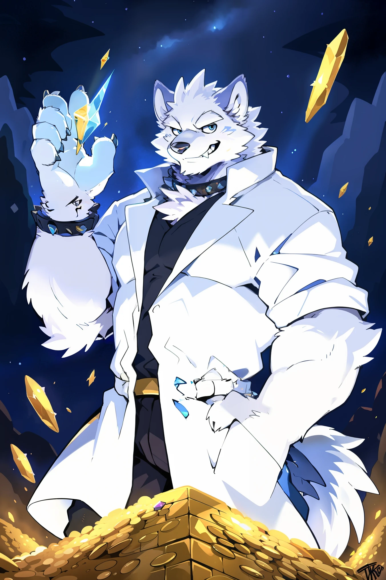 In the vault, Treasure, ((all white fur:1.5)), solo, Perfect sky blue eyes, Spike Collar, (artist:Takemoto Arashi), Mature face, elder, naughty face, glint, longeyelashes, (fang out:1.5), (Clear facial details), Wearing white long trench coat|Black pants, Surrounded by gold, doyagao, Surrounded by gold and jewelry, evil smile, Gemstones in hand, Arrogant grin, Thin and tall figure, Tonalism, from below, best quality, UHD, super detail, high details