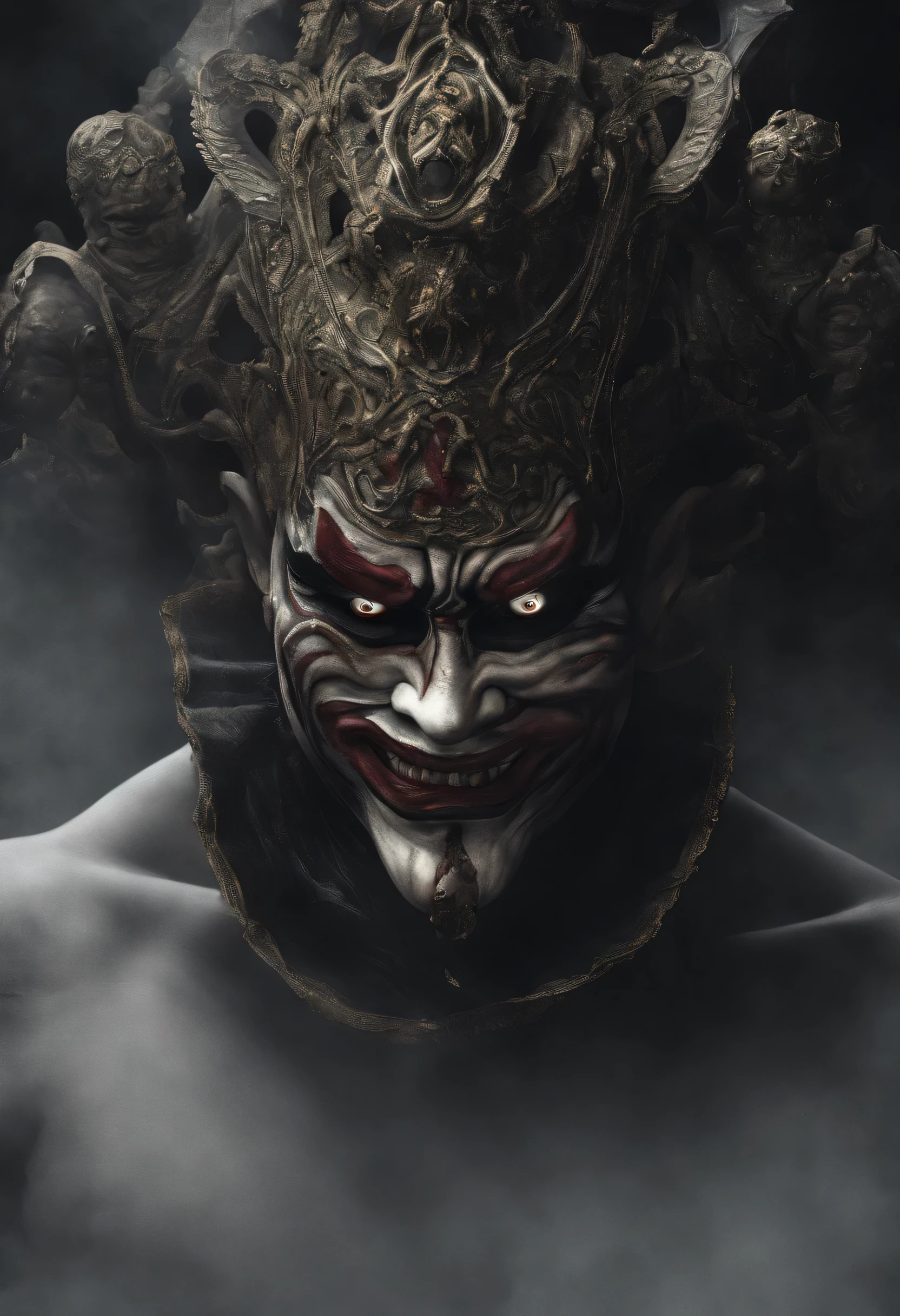 evil smile, Crazy, Hyper HD, Masterpiece, correct, correctตามหลักกายวิภาคศาสตร์, textured skin, Highly detailed, won, High quality, High resolution, best quality, 8ก
(Close-up of the face of a Sichuan Opera clown actor), (Sichuan Opera mask）, peking opera, Sichuan Opera, Classic Sichuan Opera,  clown face,P masquerade mask, black, แต่งclown face, With detailed facial features, drama mask,
 （Naked from the neck down），Embossed, stalwart，realistic, Masterpiece, complicated details,