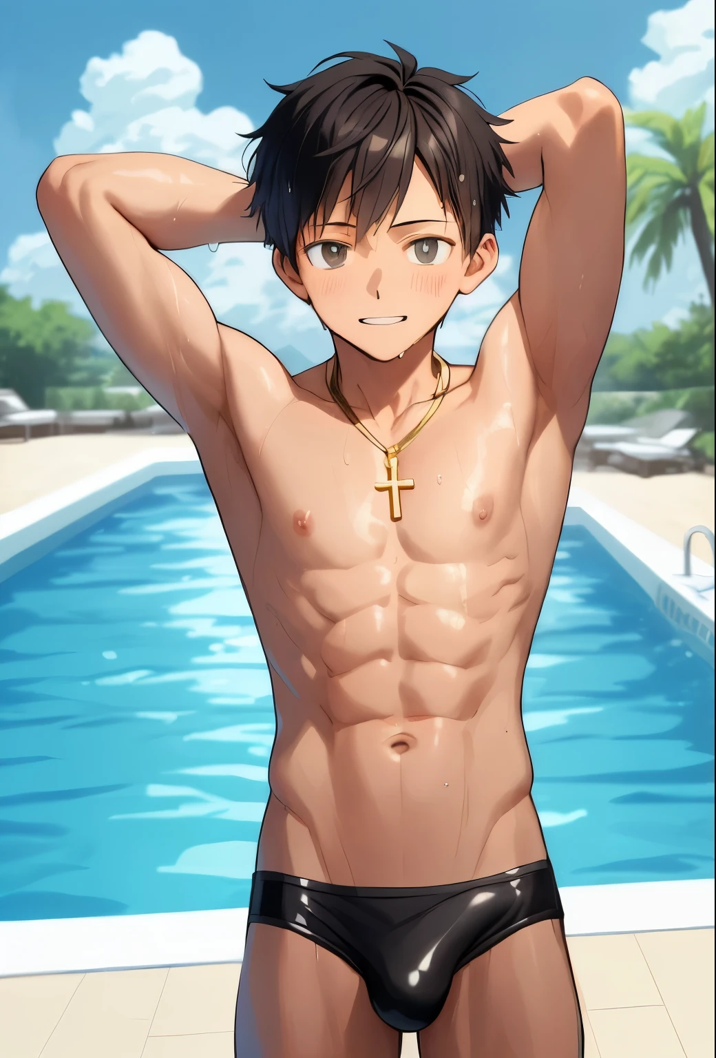 身穿黑色泳衣的anime boy在泳池边摆姿势, Cool anime poses, Anime handsome man, Tall anime man with blue eyes, Shirtless, Perfect body, Male anime characters, Young anime man, muscular!!, anime boy, Shikano Makoto, Shirtless :: High Detail, Sweating of the skin!!, Kirito, His palms are sweaty, Wear a swimsuit