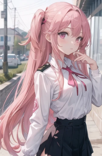 2D beautiful girl, pink long hair, pink eyes, uniform
