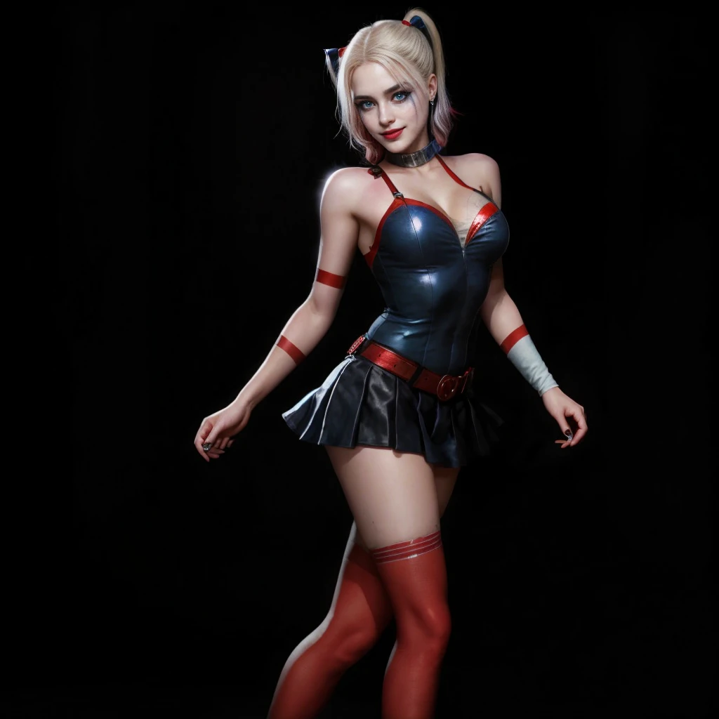 HarleyQuinn, light blue eyes, (best quality,ultra-detailed),(Realistic:1.37), beautiful and detailed face, Ultra-realistic texture, delicate face, athletic body, vivid colors. High definition, 8K. cute smile expression