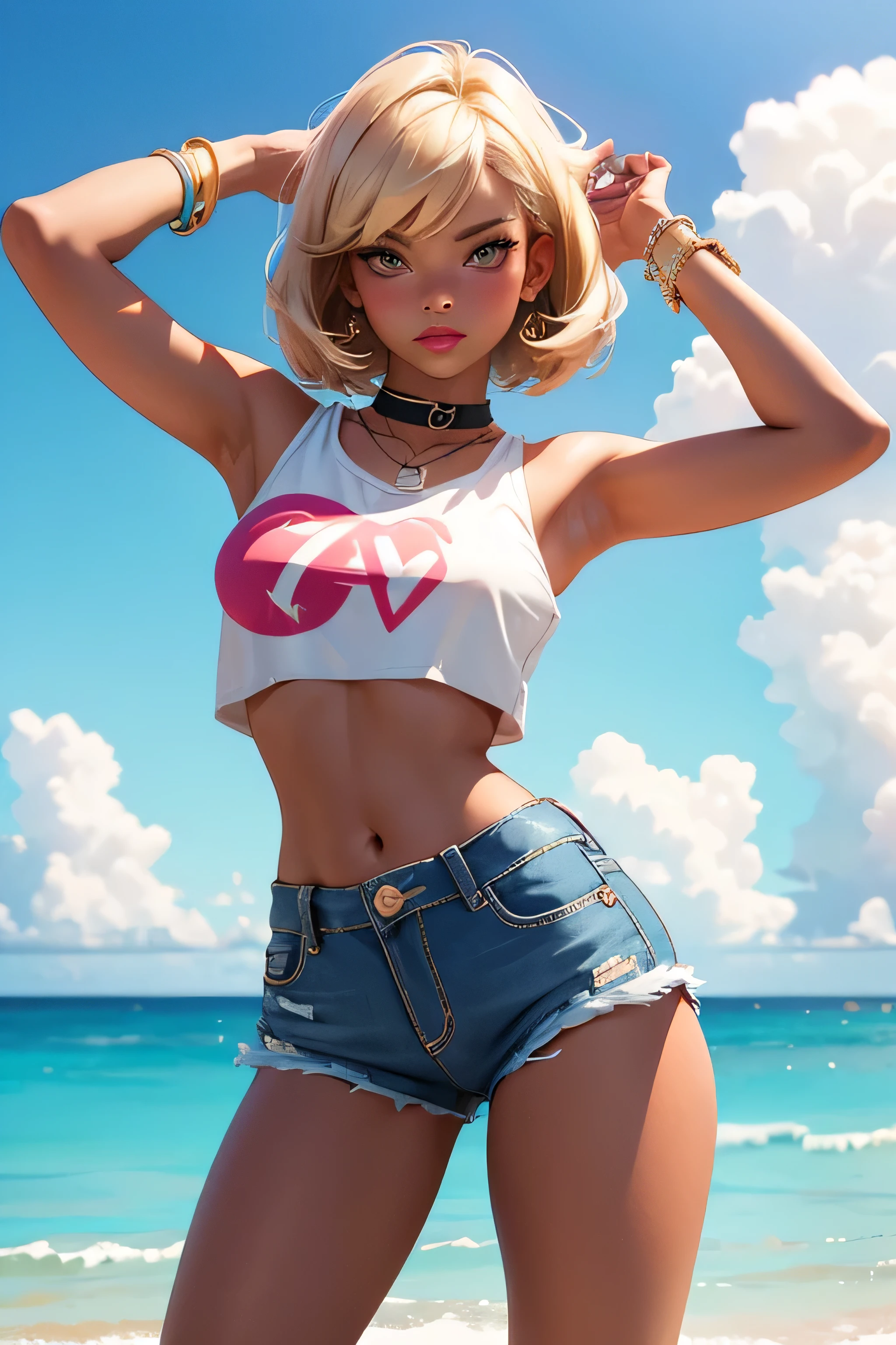 Teenage girl-model 18 years old, beautiful, blonde, bob hair, bangs, brown eyes, beautiful figure, girl wearing crop shirt and too short mini shorts, beautiful long legs, slave bracelets, slave choker, manicure, cute makeup, flirtatiously posing, hot summer, hot flirty, sexy posing, summer outfit, top quality, higest quality, pin-up style, retro 80s style, Daisy Dukes style, slave girl, Miami vibes,