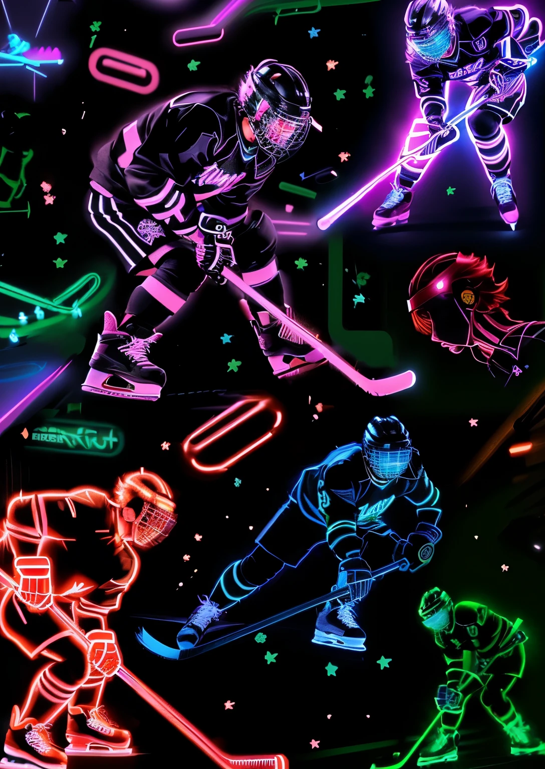 Close up of a group of neon hockey players on a black background, phone wallpaper, Neon outlines, Hockey arena game illustration, Neon outline, Amazing wallpapers, Neon background, Mobile phone background, iphone wallpaper, Neon lights in the background, Black neon lights, Popular Wallpapers, neon art style, Neon Digital Art, Neon lights in the background, phone wallpaper, fashion neon light
