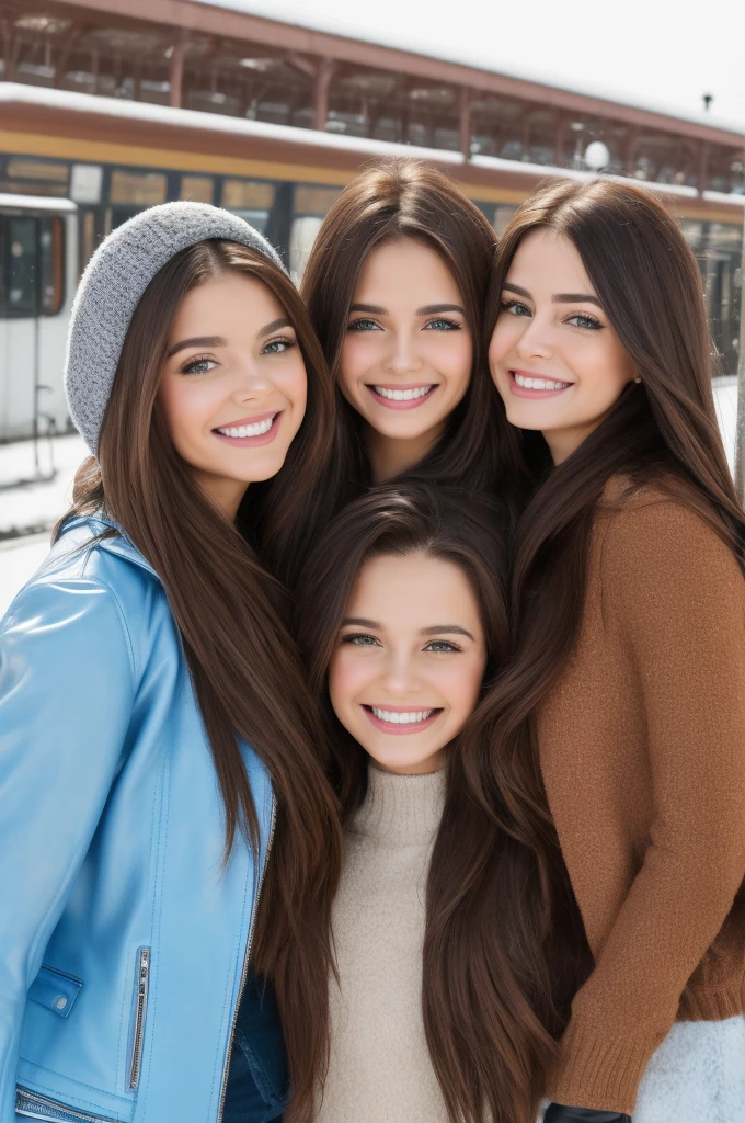 Casual photograph, best quality, 8K, hyper detailed, half body, A close up portrait of three gorgeous, beautiful, wonderful women, argentinian, peruvian and russian females together posing for the camera. Women have super long hair, argentinian girl has brown hair, peruvian girl has brunette hair, and russian girl has light brown hair. They are wearing winter outfits, They are wearing leather jackets. The three girls are wonderful, dream, ethereal, timeless, majestic beauties from Argentina, Perú and Russia, two hispanics and one slavic dream beauties who comes to the hearts. They're glad, smiling and enjoying a day at park in winter. True friendship, they pose happy for the camera. Railway station at background.
