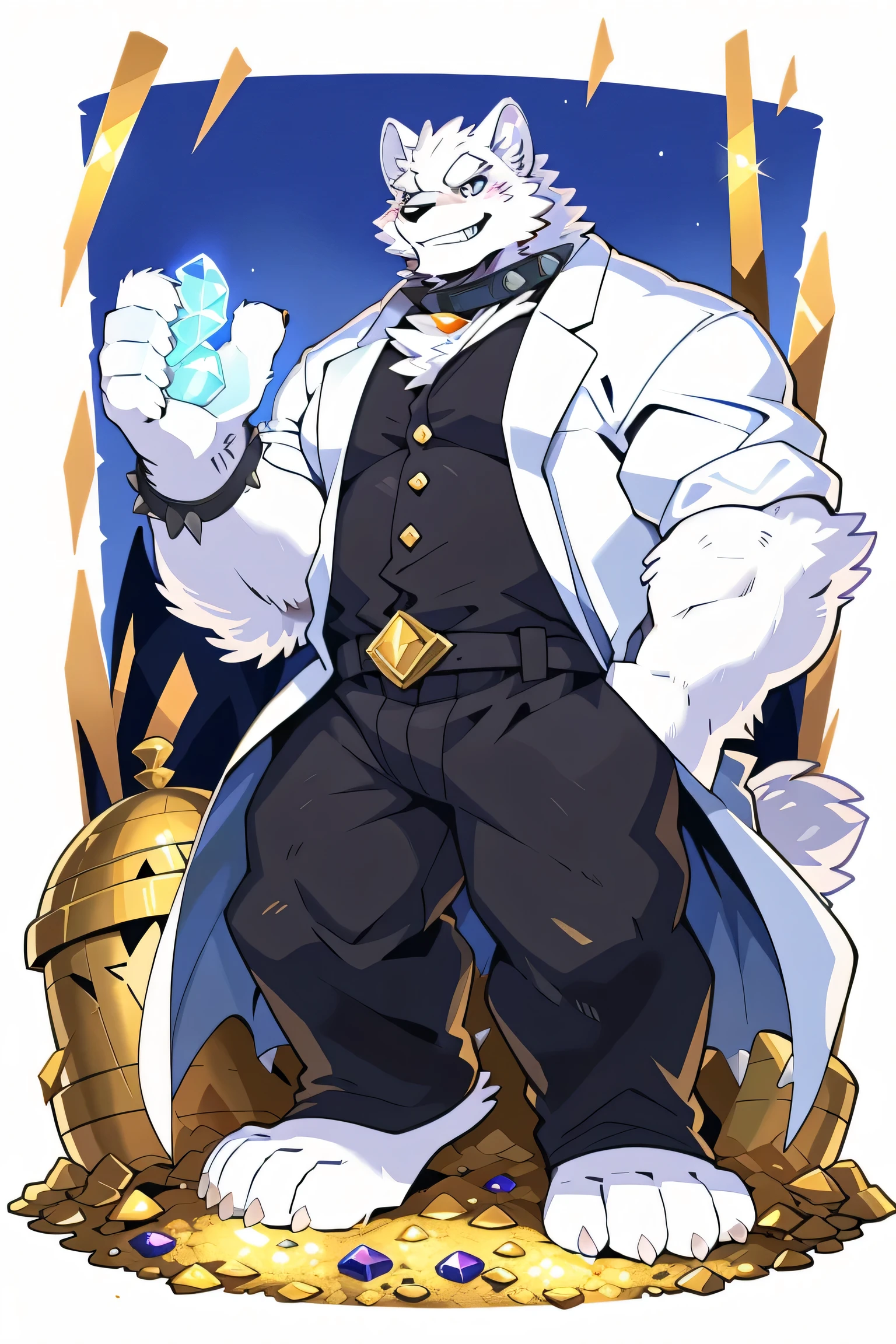 in the vault, Treasure, ((All white fur:1.5)), Solitary, Perfect sky blue eyes, spiked collar, (artist:Takemoto Arashi), Mature face, Elders, Naughty face, flashing, Long eyelashes, (Reach out:1.5), (sharp detailed face), Wearing a white long trench coat|Black pants, Surrounded by gold, doyagao, Surrounded by gold and jewelry, Evil smile, Gems in your hands, Arrogant smile, Thin and tall figure, Tonality, from below, best quality, Ultra HD, Super Detail, High Detail