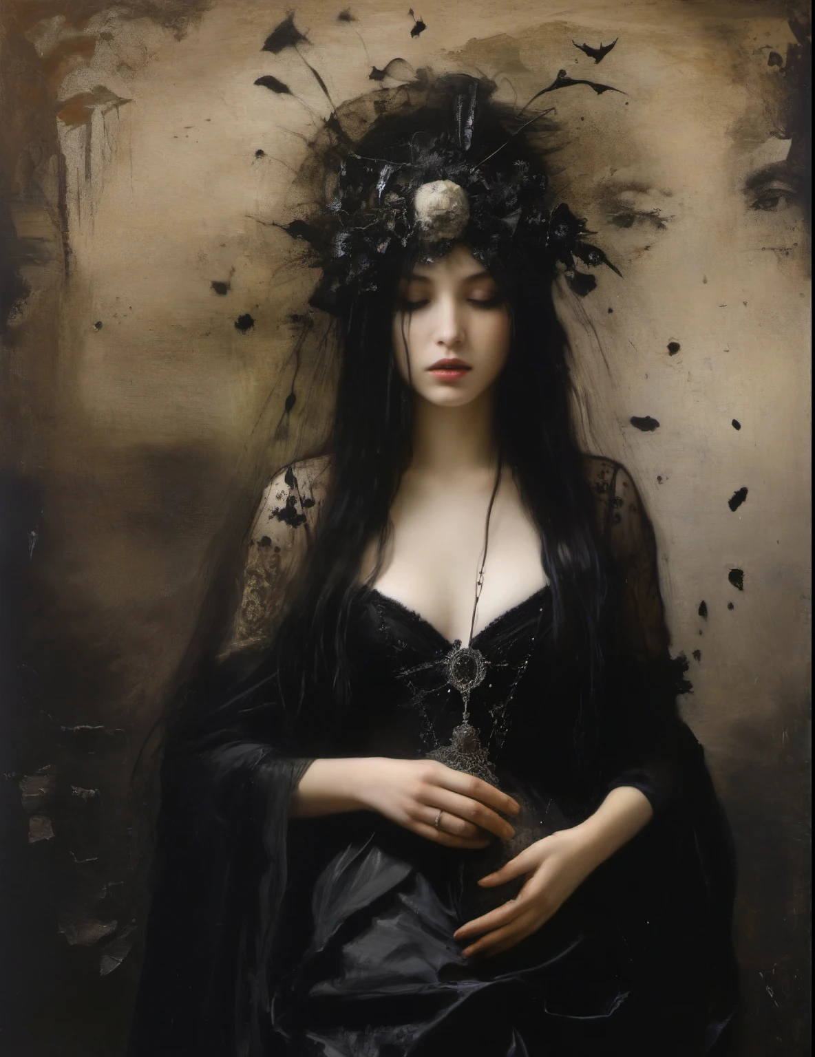 James Gurney, Surrealist art , dream-like, Mysterious, Provocative, symbolic, Complex, detailed,, (Gothic but very beautiful:1.4), (masterpiece, highest quality:1.4) , Nicola Samori Style, young woman