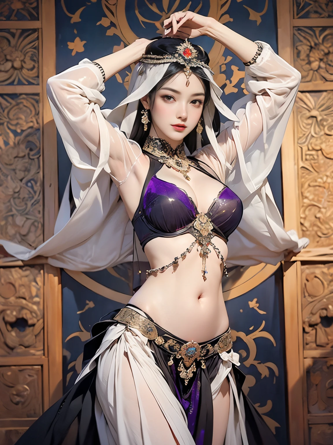 Zerg Queen Beautiful Girl: Ranlinger, 18 years old with slim body, (Belly dancer:1.6), Messy Hair, beautiful Perfect Face, Soft Skin, Perfect Face, Yasutomo Oka's painting style, Big firm Breasts, hard nipples, wearing Belly dancer's (see-through:1.6) red dress, breasts exposed, cleavage is exposed, jewelries, tiara, Add light purple and purple, Add Light Red, Intricate details, Splash screen, 8K resolution, masterpiece, Sexy, Sharp Eyes, Break, white silver, dynamic sexy poses, sweat, (dancing:1.4), (16th century arabic castle, alhambra palace, geometric pattern mural:1.3), Sharp Eyes, Break, white Blonde, Strong winds, Colorful light