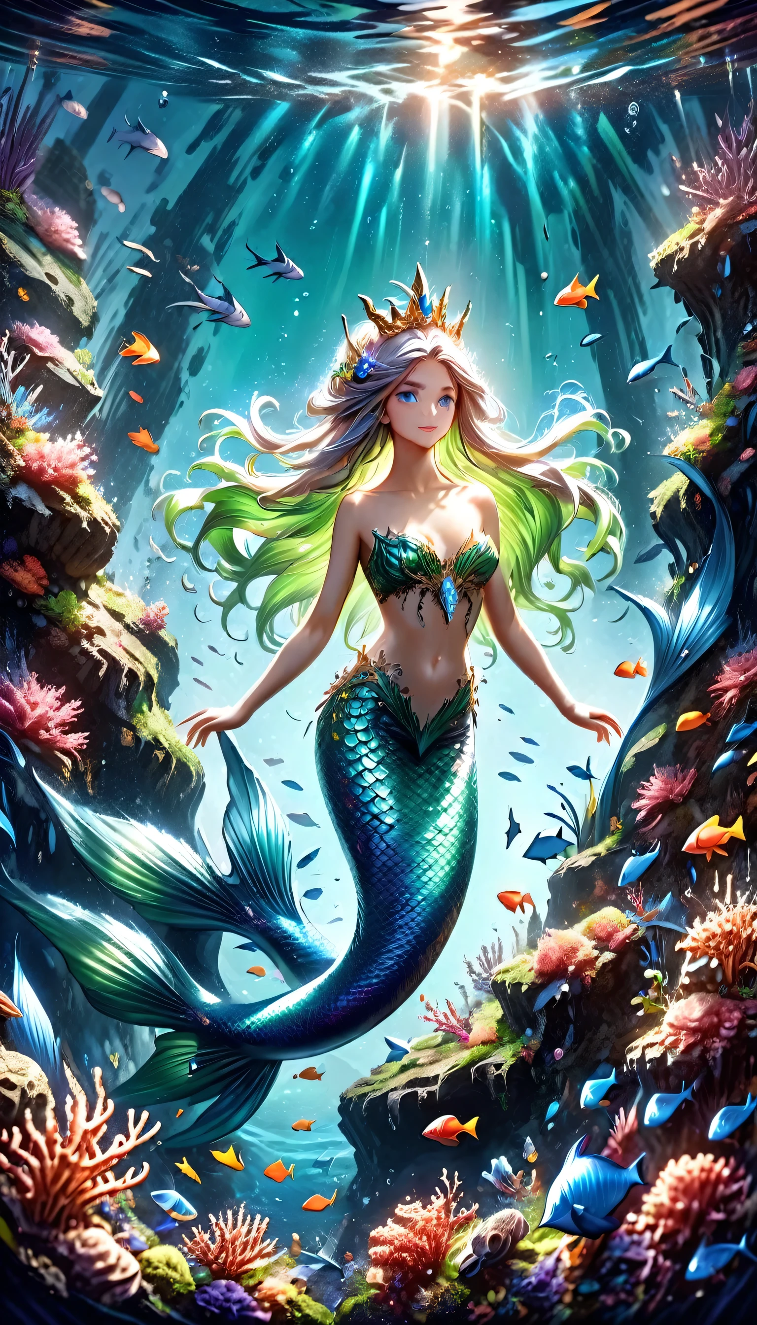 high details, best quality, 16k, ultra detailed, masterpiece, best quality, (extremely detailed), full body, ultra wide shot, RAW, photorealistic, fantasy art, dnd art, rpg art, realistic art, an ultra wide picture of a mermaid princess  under the sea (intricate details, Masterpiece, best quality: 1.4) , female mermaid, (blue: 1.3) skin, (green: 1,3) hair, long hair, swirling hair, intense eyes, small pointed ears, ((blue eyes)), ((glowing eyes)), wearing sea shell clothing, she wears a crown  studded with gems(intricate details, Masterpiece, best quality: 1.4),  beautiful mermaid, you can see rich underwater life, fish, riff, , dynamic fantasy blue beach background ((magical atmosphere)), high details, best quality, highres, ultra wide angle, ggmine, RagingNebula