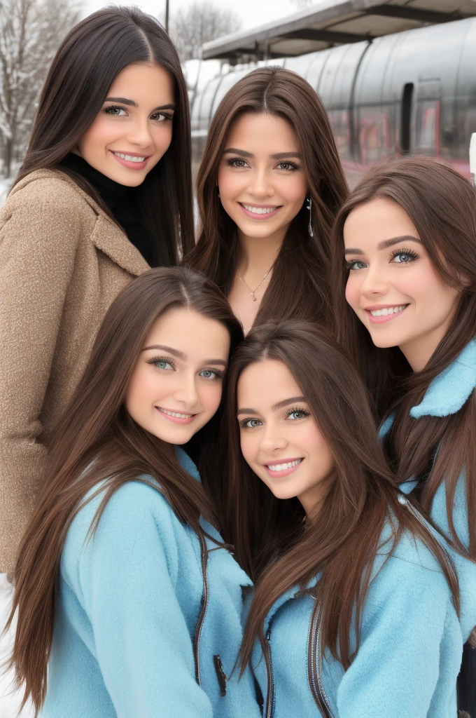 Casual photograph, best quality, 8K, hyper detailed, half body, A close up portrait of three gorgeous, beautiful, wonderful women, argentinian, peruvian and russian females together posing for the camera. Women have super long hair, argentinian girl has brown hair, peruvian girl has brunette hair, and russian girl has light brown hair. They are wearing winter outfits, They are wearing leather jackets. The three girls are wonderful, dream, ethereal, timeless, majestic beauties from Argentina, Perú and Russia, two hispanics and one slavic dream beauties who comes to the hearts. They're glad, smiling and enjoying a day at park in winter. True friendship, they pose happy for the camera. Railway station at background.