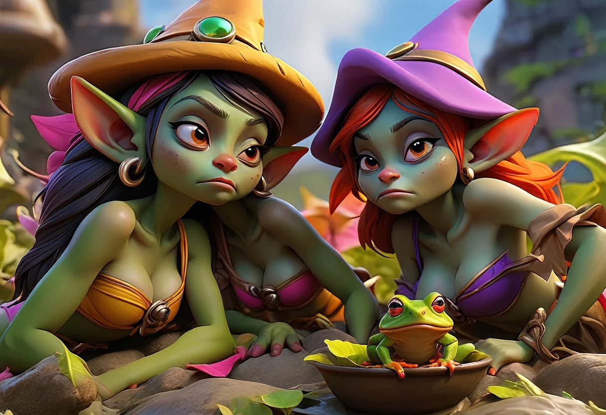 a beautiful detailed fantasy scene, beautiful detailed goblin women in colorful fantasy lingerie, highly detailed goblin women licking a colorful fantasy toad, some goblin women passed out, detailed fantasy landscape, vibrant colors, cinematic lighting, masterpiece, 8k, photorealistic