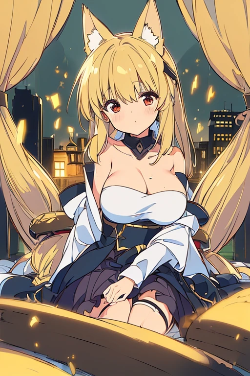 ((best quality, 8K, masterpiece: 1.3)), 1 Girl, Foxy Slim，9 types of syrups，In the dark night with burning gold，A city in Japan，Ambient lights and dim lights focus on the girl，With light and shadow effects caused by the lighting halo. (Large Breasts), blush