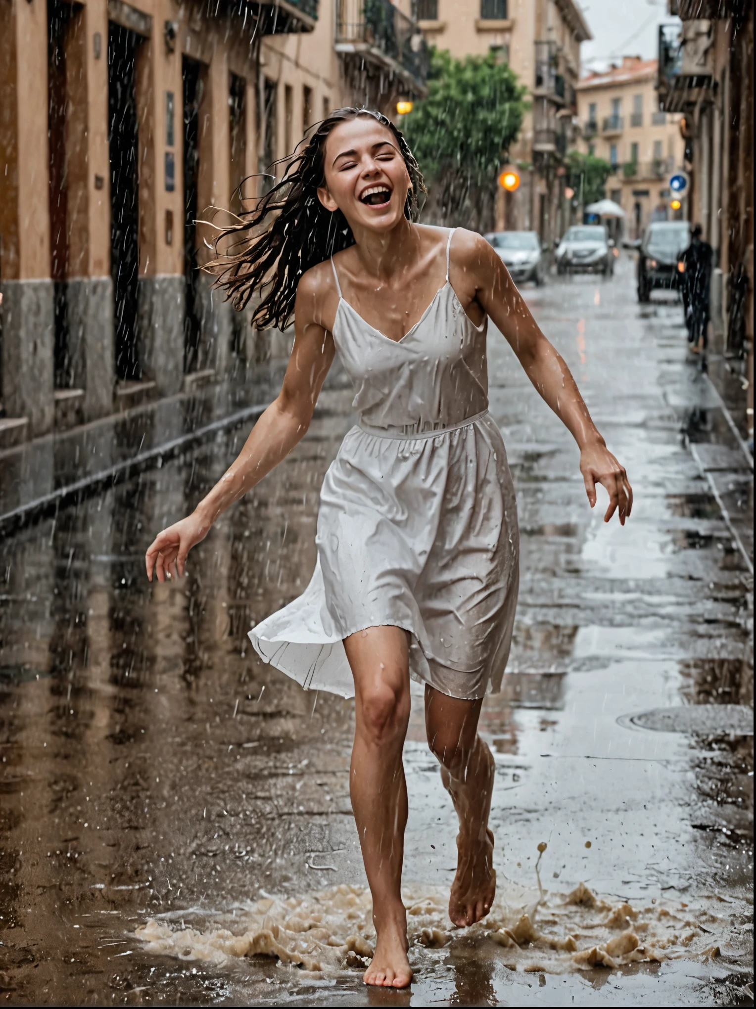 A 20-year-old beautiful woman dancing joyfully under heavy rain on a solitary street in a Spanish city. She is wearing a white dress, completely soaked, and exuding happiness, fully enjoying the moment. The street features water puddles and visible raindrops, capturing the essence of the rainy atmosphere. The image should be hyperrealistic, resembling a high-resolution 16k photo with exceptional detail.