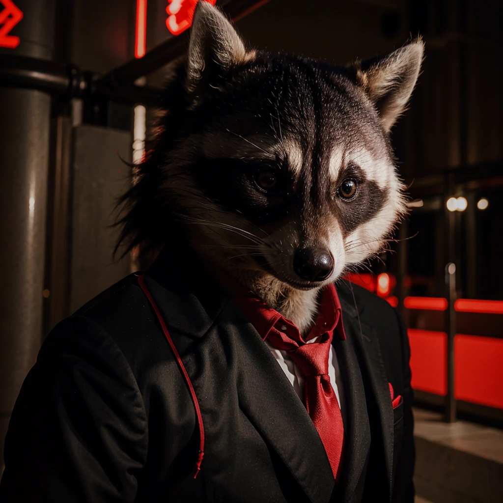 a raccoon in a black and red suit
