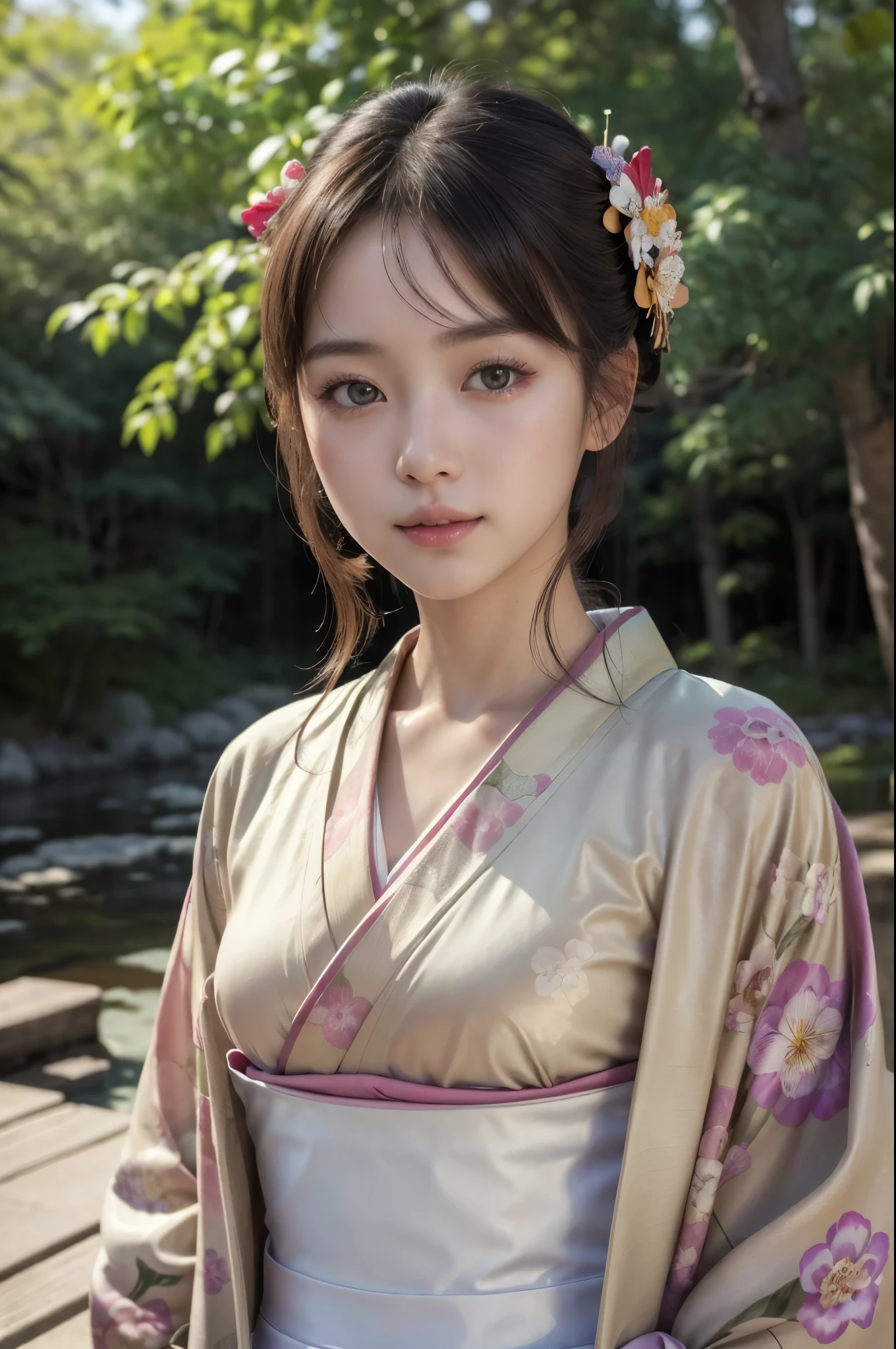 (masterpiece, highest quality, Realistic, High resolution, photograph, :1.3), Sharp focus, 1 Cute Japanese Girl, Hot Model, Highly detailed eyes and pupils, Realistic Skin, Highly detailed hair, Delicate face, Sensual look, Bright lips, Natural Lip, ((whole body shot)), standing pose, smile, (Kimono:1.5), (Floral), outside of home, (Japanese Style Country),