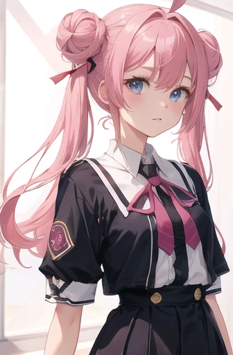 Pink hair, 2D girl, two hair ties, two buns, uniform, pink eye color