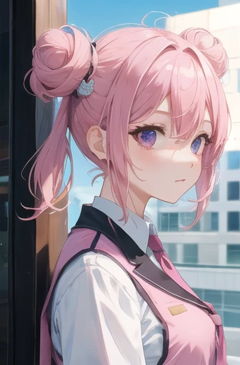 Pink hair, 2D girl, two hair ties, two buns, uniform, pink eye color
