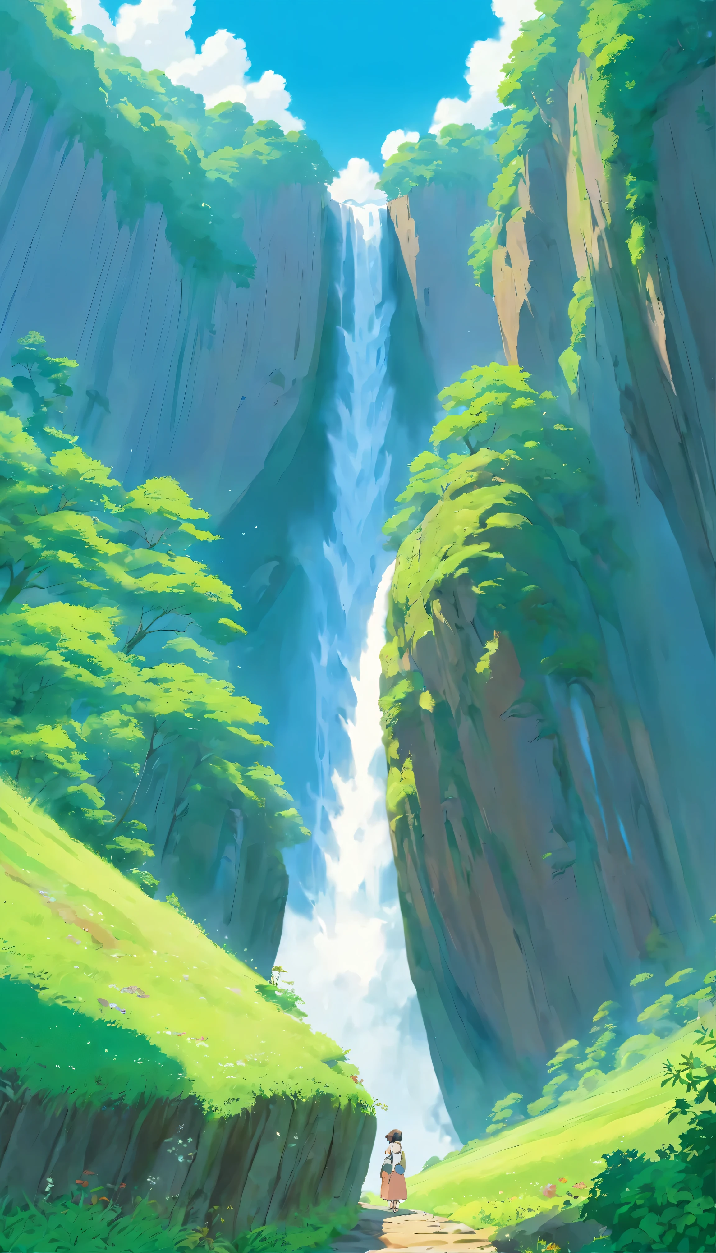 A fascinating masterpiece、Showcasing the highest quality and high resolution、Highly detailed CG created as Unity 8K wallpaper。This scene is set outdoors during the day, teeming with life.、It features a quiet sky covered with mysterious clouds.、I can't see anyone。A towering mountain covered in lush greenery and jagged cliffs々dominates the landscape、Rivers and tranquil lakes interweave the scene。In the blue sky、A veil of mist from the waterfall dots the、It flows down a rocky cliff。wood々Swaying gently、Adds rhythm to nature。
