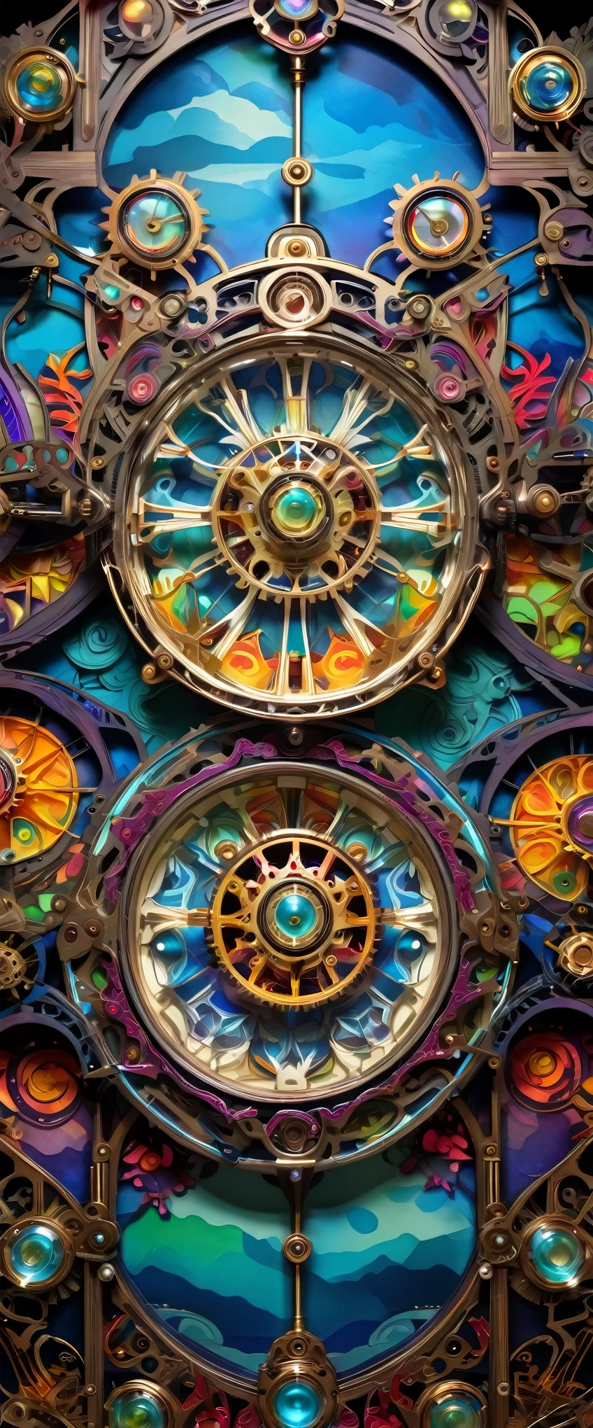 fusion of oil painting and watercolor painting, fusion of paper cutting and shadow puppetry, best quality, super fine, 16k, incredibly absurdres, extremely detailed, delicate and dynamic, contraption, circus, stained glass kaleidoscope made of jewels of various colors, with mechanical mechanisms, clockwork mechanisms, and gear mechanisms, iridescent neon colors, light-emitting diodes, timers, picture frame and background that mixes and fuses steampunk, dieselpunk, cyberpunk and clockpunk, various image effects, artwork