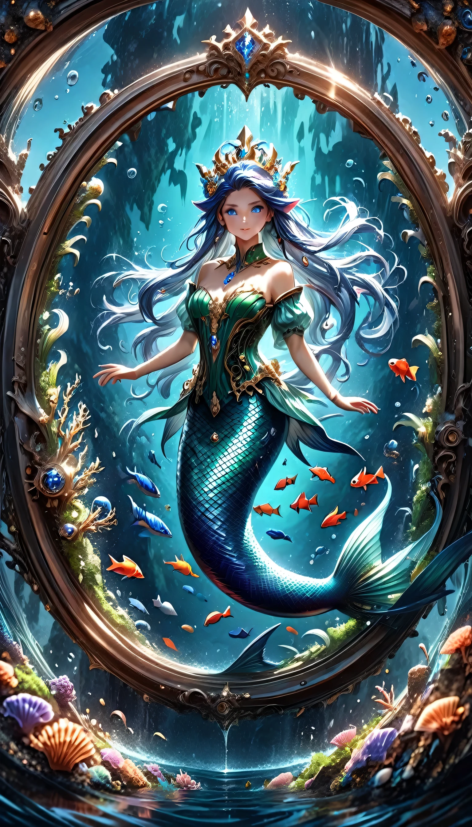 high details, best quality, 16k, ultra detailed, masterpiece, best quality, (extremely detailed), full body, ultra wide shot, RAW, photorealistic, fantasy art, dnd art, rpg art, realistic art, an ultra wide picture of a mermaid princess in steampunk times, under the sea (intricate details, Masterpiece, best quality: 1.4) , female mermaid, (blue: 1.3) skin, (green: 1,3) hair, long hair, swirling hair, intense eyes, small pointed ears, ((blue eyes)), ((glowing eyes)), wearing sea shell clothing, she wears a crown  studded with gems(intricate details, Masterpiece, best quality: 1.4),  beautiful mermaid, you can see rich underwater life, fish, riff, dynamic fantasy blue beach background ((magical atmosphere)), high details, best quality, highres, ultra wide angle, ggmine, RagingNebula