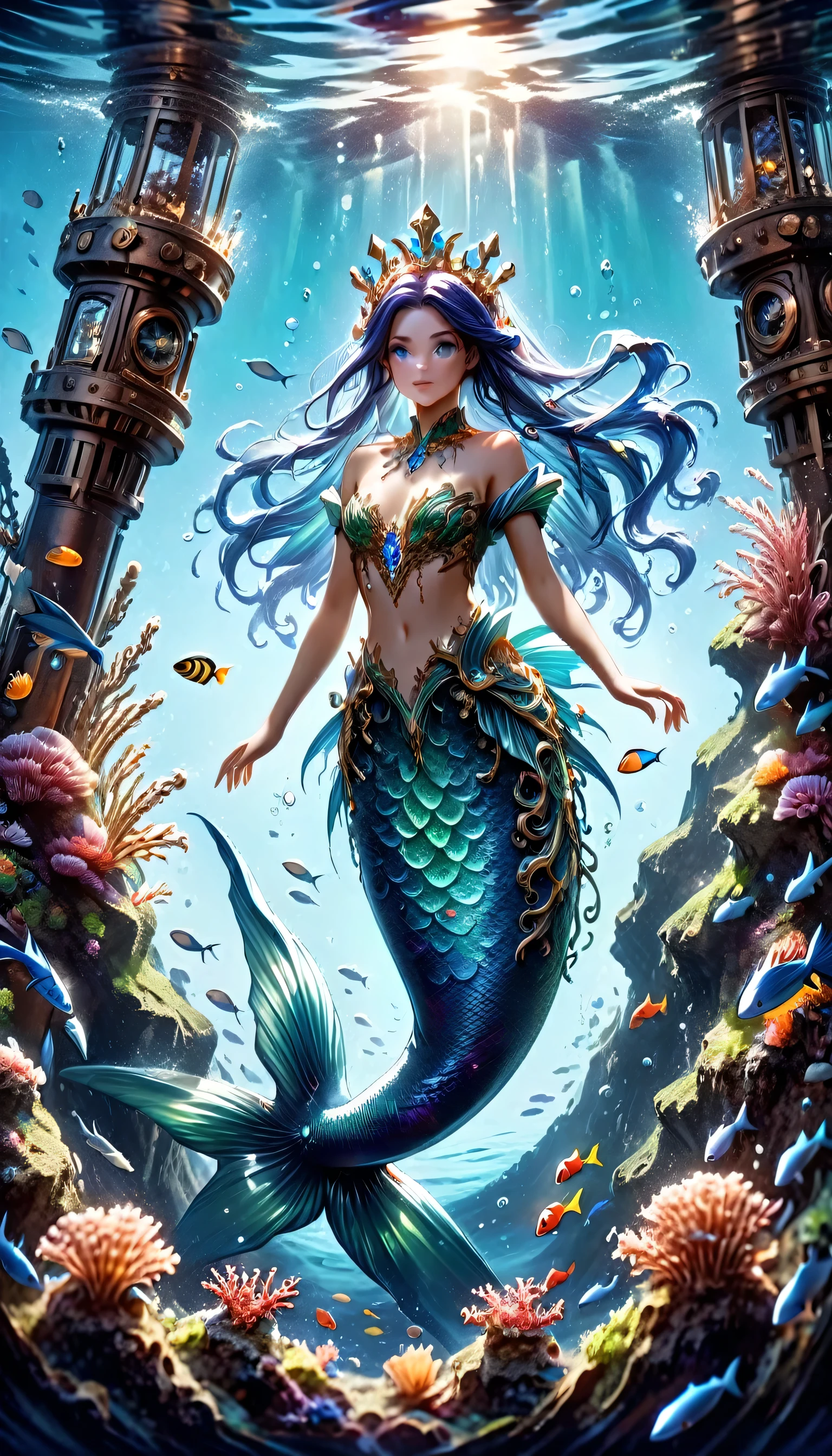 high details, best quality, 16k, ultra detailed, masterpiece, best quality, (extremely detailed), full body, ultra wide shot, RAW, photorealistic, fantasy art, dnd art, rpg art, realistic art, an ultra wide picture of a mermaid princess in steampunk times, under the sea (intricate details, Masterpiece, best quality: 1.4) , female mermaid, (blue: 1.3) skin, (green: 1,3) hair, long hair, swirling hair, intense eyes, small pointed ears, ((blue eyes)), ((glowing eyes)), wearing sea shell clothing, she wears a crown  studded with gems(intricate details, Masterpiece, best quality: 1.4),  beautiful mermaid, you can see rich underwater life, fish, riff, dynamic fantasy blue beach background ((magical atmosphere)), high details, best quality, highres, ultra wide angle, ggmine, RagingNebula