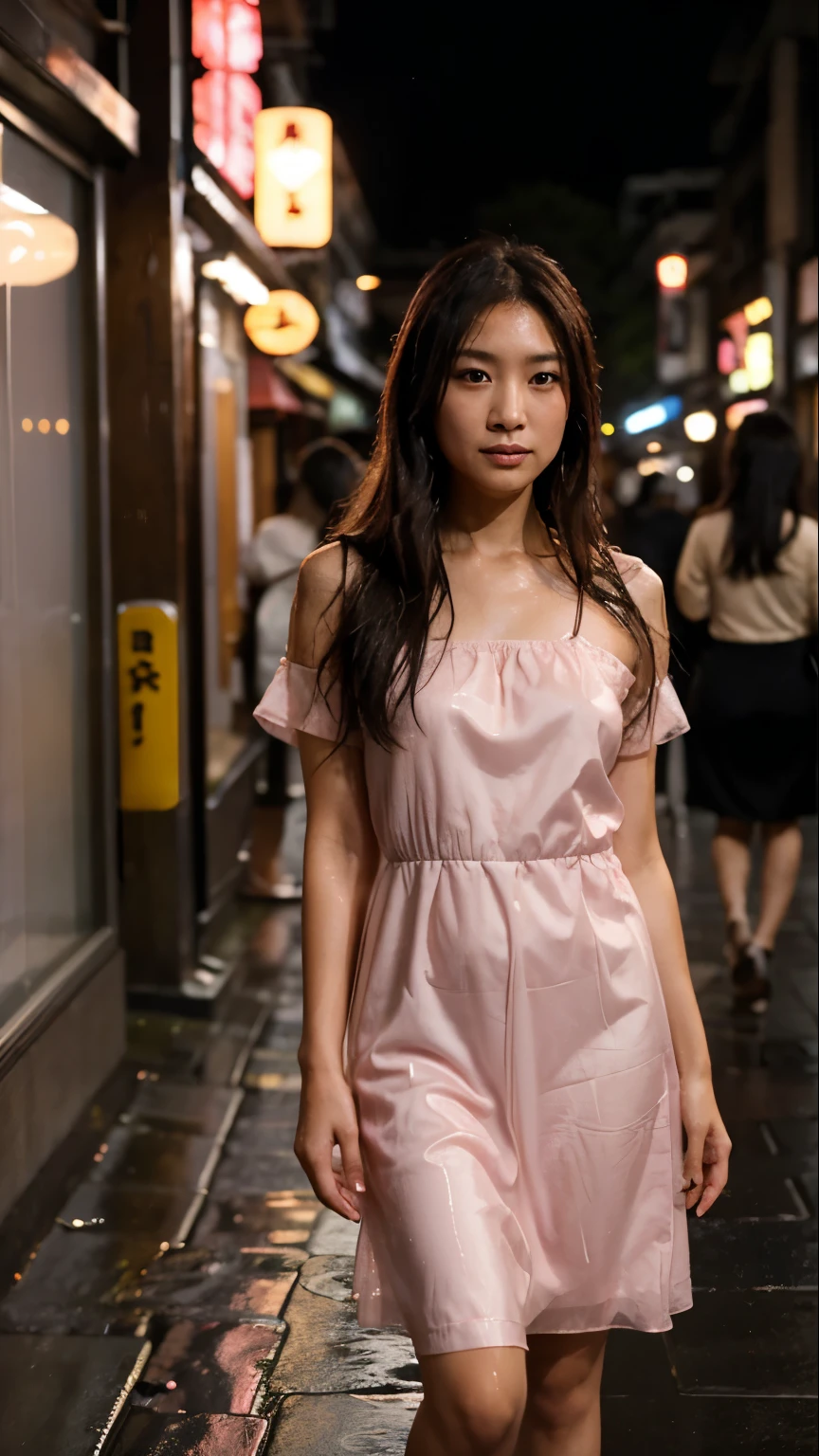 Create a realistic evening image of a 40-year-old Japanese mother with long, flowing hair, wearing a beautiful, soaking wet elegant pink dress. She is standing in front of Omotesando (Omotesando) in Tokyo. The street is illuminated by warm lights from storefronts and street lamps, with a serene and sophisticated ambiance. The girl should look fashionable and confident, blending into the beautifully lit evening scene.