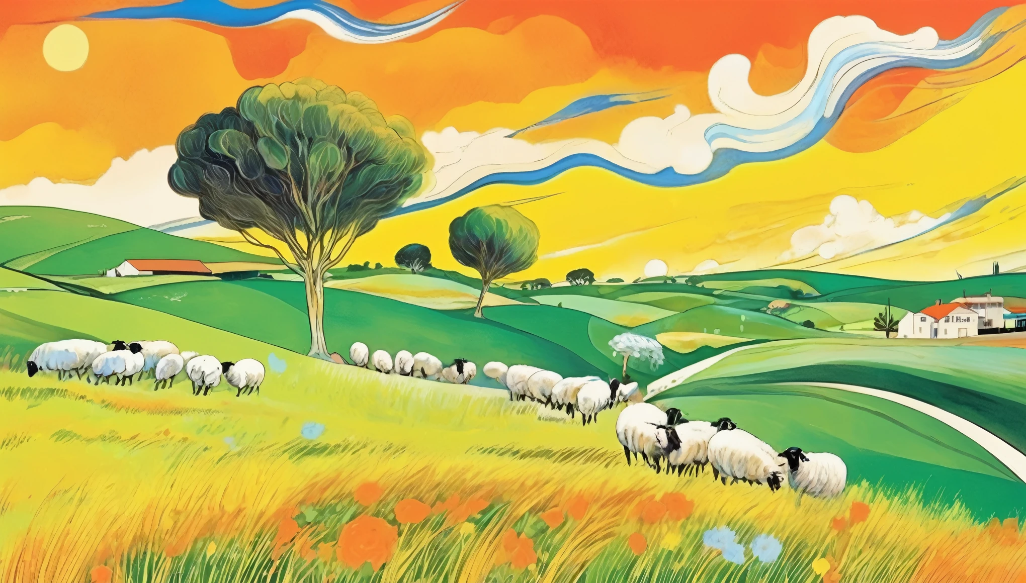 Brett Whiteley-style colorful illustration of the Australian countryside, rolling hills, Green pastures, and grazing sheep, with blue sky, Orange sun and white clouds, fauvism