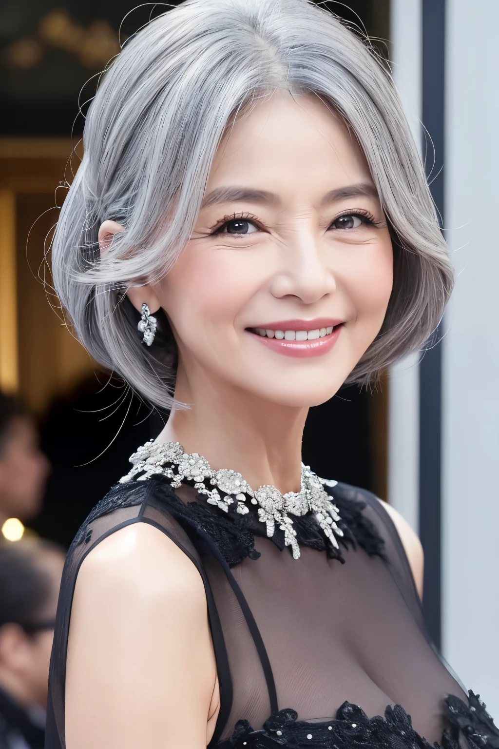 62 years old。smile、Your eyes are sparkling、Gray Hair、upper class、dignity、haute couture、