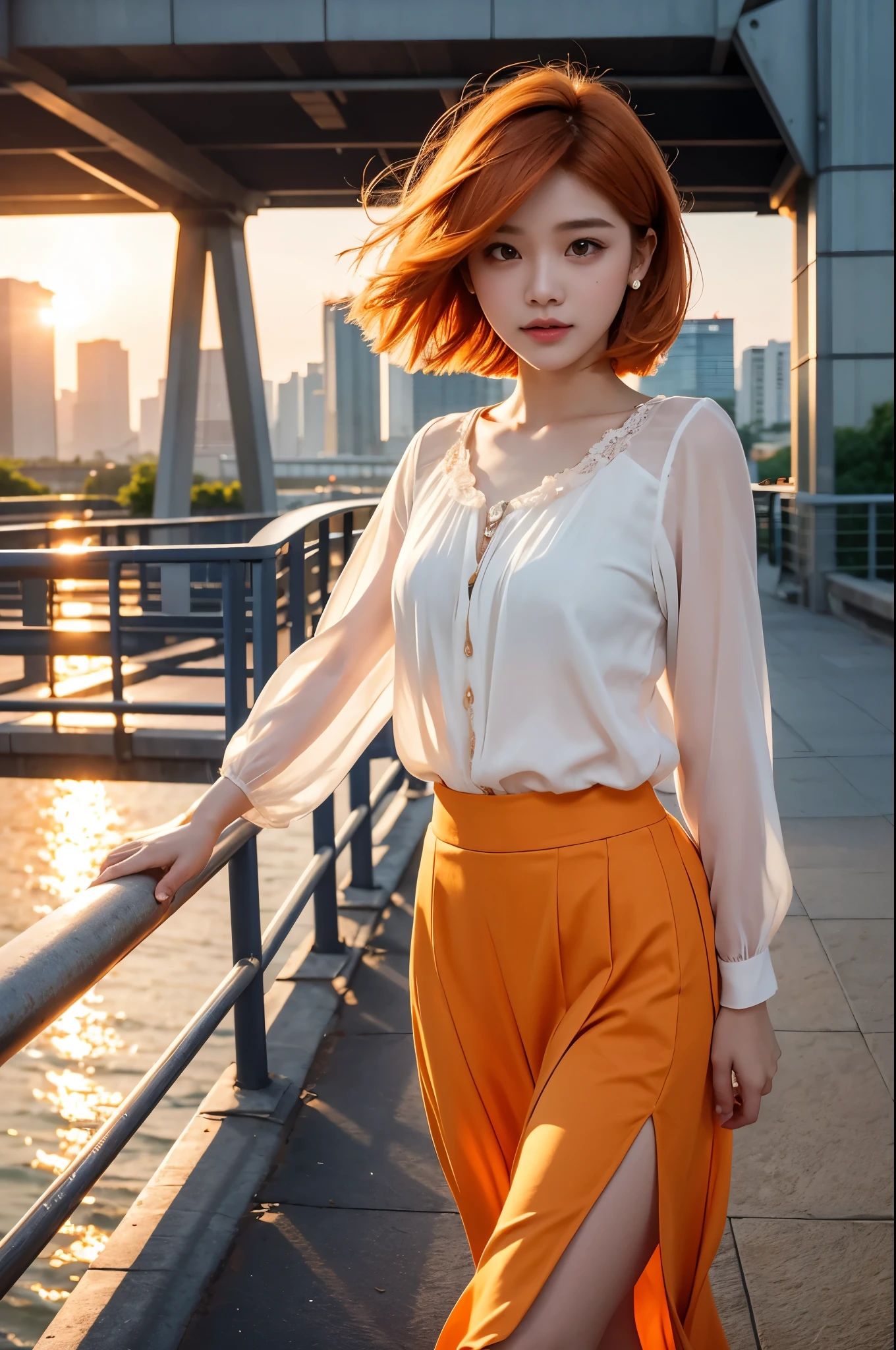 whole body、Friendly faces、1 pretty girl、blouse、skirt、pedestrian bridge、skyscraper、sunset、complex background、detailed hair、light orange hair、dim lighting、short hair length、There is movement