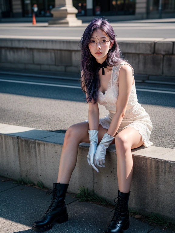 (1 lady), (Best quality at best:1.4), (ultra - detailed), (extremely detailed CG unified 16k), A Beautiful Woman with Perfect Figure: 1.4, Sharp Focus: 1.2, purple hair, very detailed, High-definition RAW color photo, professional photoshooting, amazing face and eyes, cosmetics, standing, (amazingly beautiful girl), ((kotomi)), ((exact clothes: white dress, black vest, Black Lace Bridal Gloves, glasses, combat boots)), (looking cute, immerse in her own thoughts expression), (City park, extremely detailed background, realistic background, first date vibes), (look from above), realistic cinematic face, (head to feet long wide zoomed out view, full body long view, head to shoes), photorealistic, ((realistic natural purple hair style, purple eyes)), gorgeous, extremely beautiful face, pretty face, delicate girl, skinny but in good shape, perfect model beauty, pout mouth, Highly Detailed Face and Skin Texture, Detailed Eyes, Double Eyelids, Medium size breasts, shy but motivated expression, (masterpiece), best quality, high resolution, extremely detailed, cinematic lighting, amazing legs, clear and well-cared skin, (milky pale skin, white skin like milk)