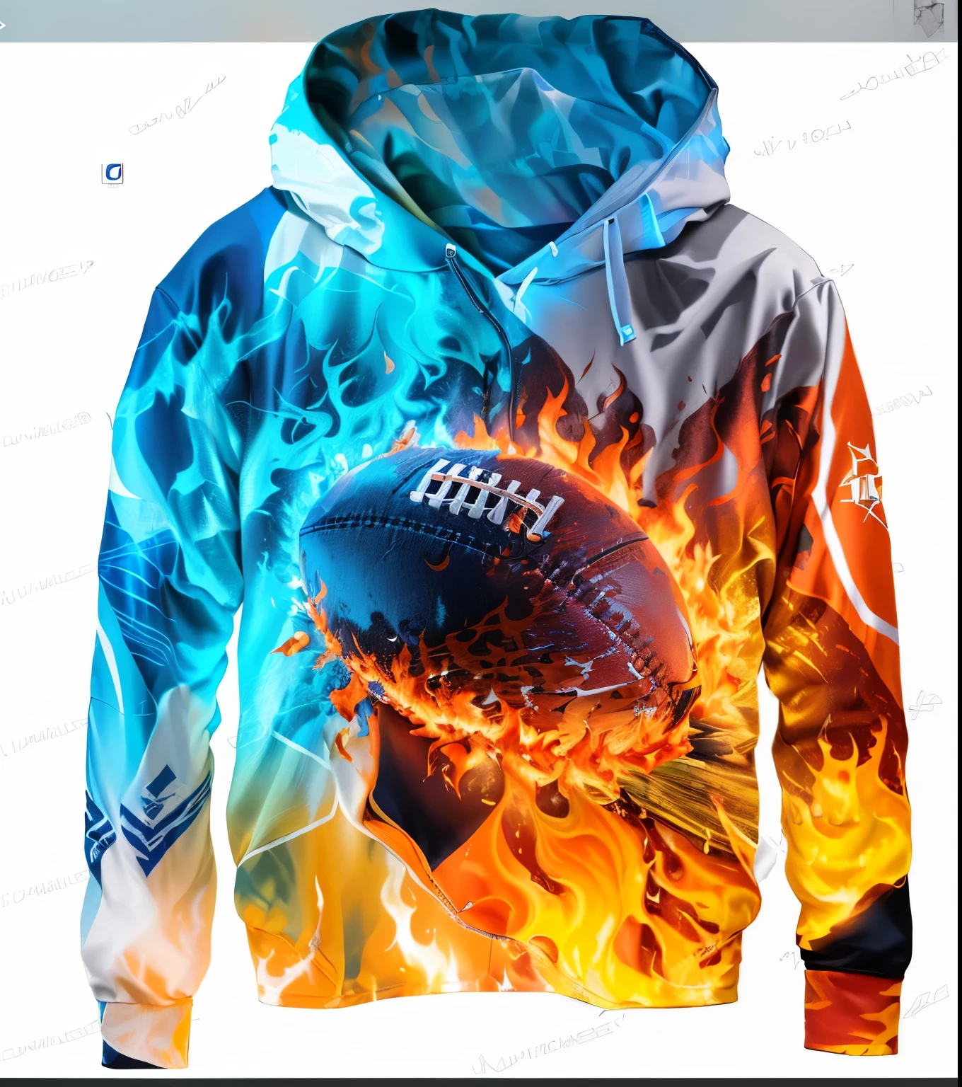 a close up of a football on fire and flames on a hoodie, hoodie, 2024, 2 0 2 4, Sportswear, Full color printing, hoodie, 4K in 2023, Complex superimposed flame images, Orange flame/Blue Ice Duality!, football, Rodney Joseph Bourne (Rodney Joseph Burn) of inspiration, on fire, Colorful fire, Sportswear