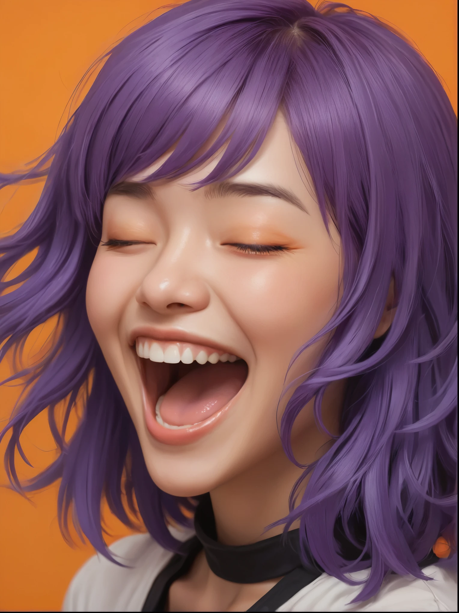 raiden shougn, purple hair, closed eyes, a girl laughing, open mouth, with an orange background, portrait