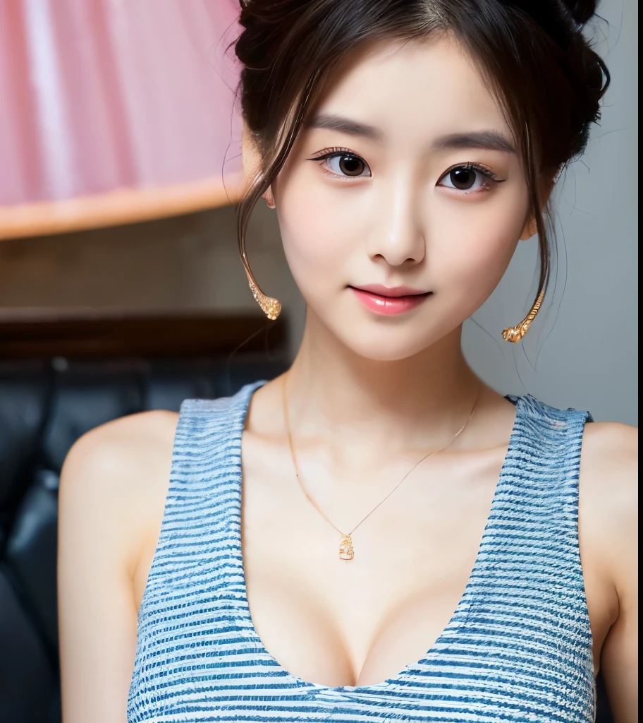 25 years Old woman, Sleeveless Shirt, cleavage, beauty face, thin, Updo hair style, small breast