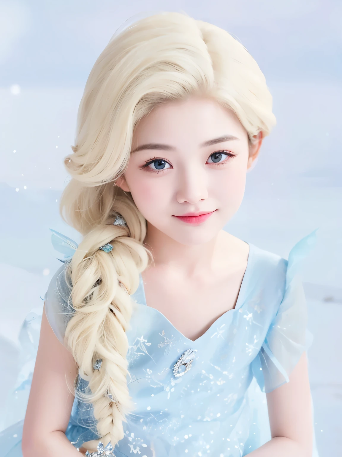 masterpiece, best quality, A girl faces the camera,White-blond hair,Imitate Princess Elsa's style,Flowing long hair,Long curly hair,Hair tied into braids,pretty girl,a girl,Exquisite facial features,