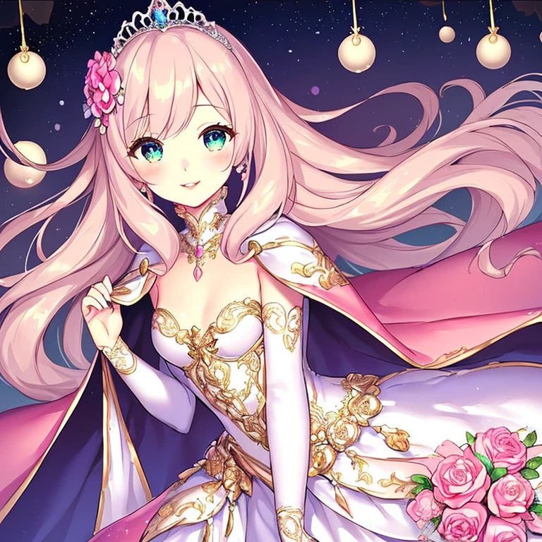 (kawaii),(best quality),(ultra detailed),(rococo style),(long train pastel pink cape:1.15), very long cape,(long train white ball gown with flower decorations:1.1), a girl is wearing a cape over her gown, 1 little princess, tiara, smile, very long hair, small breasts, beautiful detailed eyes, beautiful detailed lips, looking at viewer