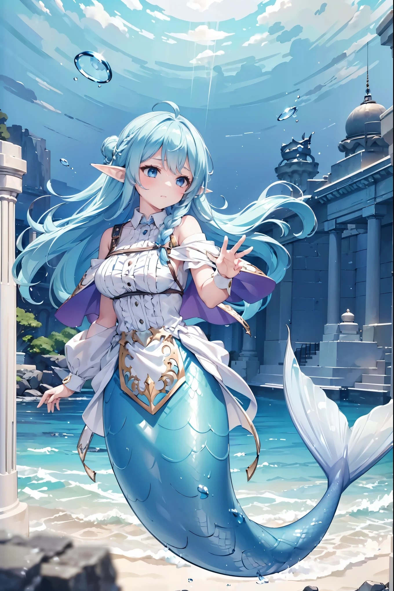 masterpiece, best quality,A girl,enchantress,solo,Blue Hair,blue eyes,Elf ears,ahoge,White Dress,Solitary,Large Breasts,Mermaid,蓝色的Mermaid尾巴,full-body shot,charming face(Kawaii, charming,Soft),seabed,Underwater,