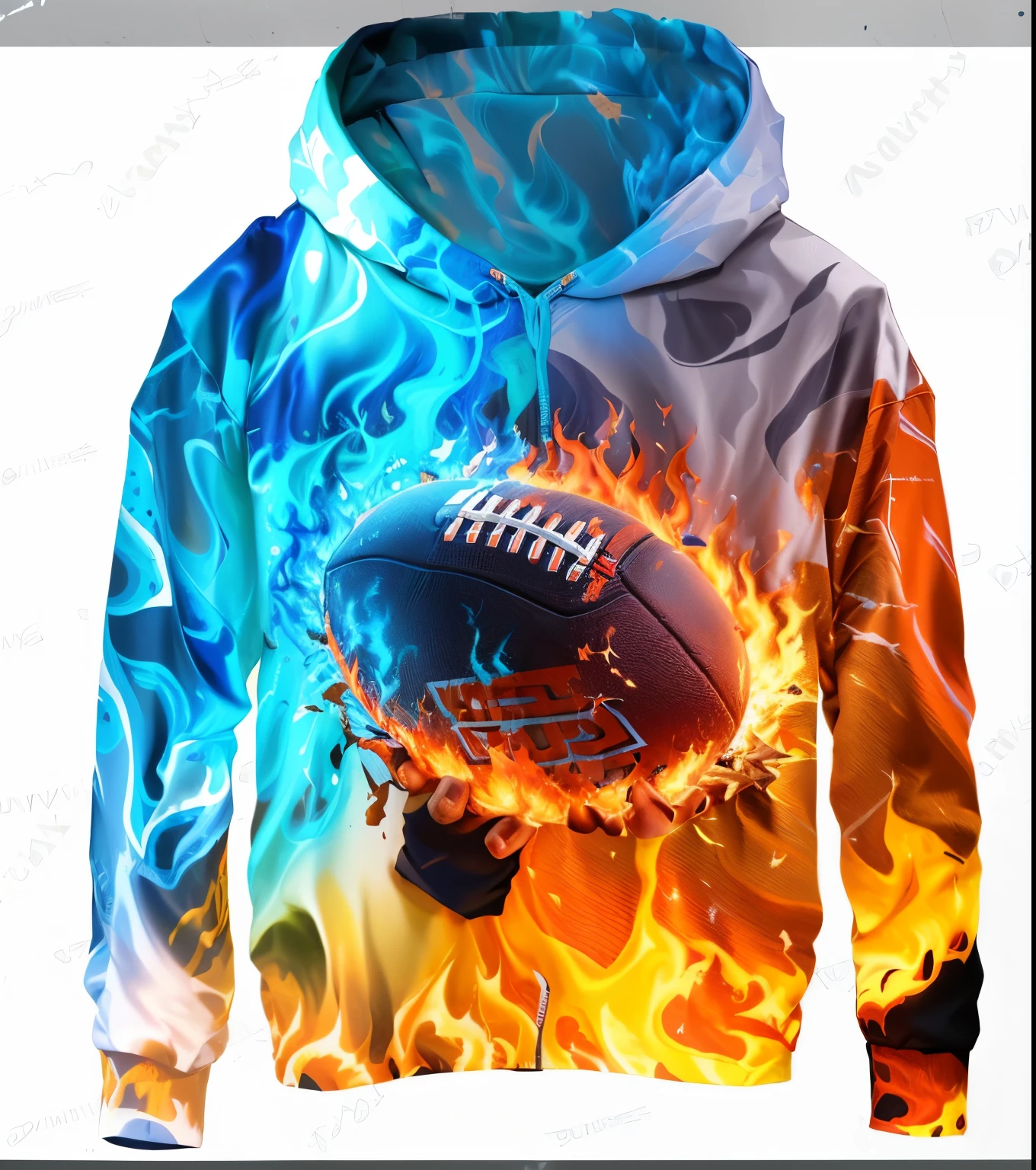 a close up of a football on fire and flames on a hoodie, hoodie, 2024, 2 0 2 4, Sportswear, Full color printing, hoodie, 4K in 2023, Complex superimposed flame images, Orange flame/Blue Ice Duality!, football, Rodney Joseph Bourne (Rodney Joseph Burn) of inspiration, on fire, Colorful fire, Sportswear