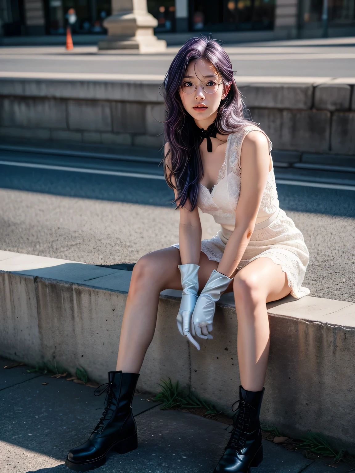 (1 lady), (Best quality at best:1.4), (ultra - detailed), (extremely detailed CG unified 16k), A Beautiful Woman with Perfect Figure: 1.4, Sharp Focus: 1.2, purple hair, very detailed, High-definition RAW color photo, professional photoshooting, amazing face and eyes, cosmetics, standing, (amazingly beautiful girl), ((kotomi)), ((exact clothes: white dress, black vest, Black Lace Bridal Gloves, glasses, wearing black combat boots)), (looking cute, immerse in her own thoughts expression), (City park, extremely detailed background, realistic background, first date vibes), (look from above), realistic cinematic face, head to feet long wide zoomed out view, full body long view, head to shoes, photorealistic, ((realistic natural purple hair style, purple eyes)), gorgeous, extremely beautiful face, pretty face, delicate girl, skinny but in good shape, perfect model beauty, pout mouth, Highly Detailed Face and Skin Texture, Detailed Eyes, Double Eyelids, Medium size breasts, shy but motivated expression, (masterpiece), best quality, high resolution, extremely detailed, cinematic lighting, amazing legs, clear and well-cared skin, (milky pale skin, white skin like milk), official dior editorial, trending on pinterest, dreamy, aesthetic, ((style raw))