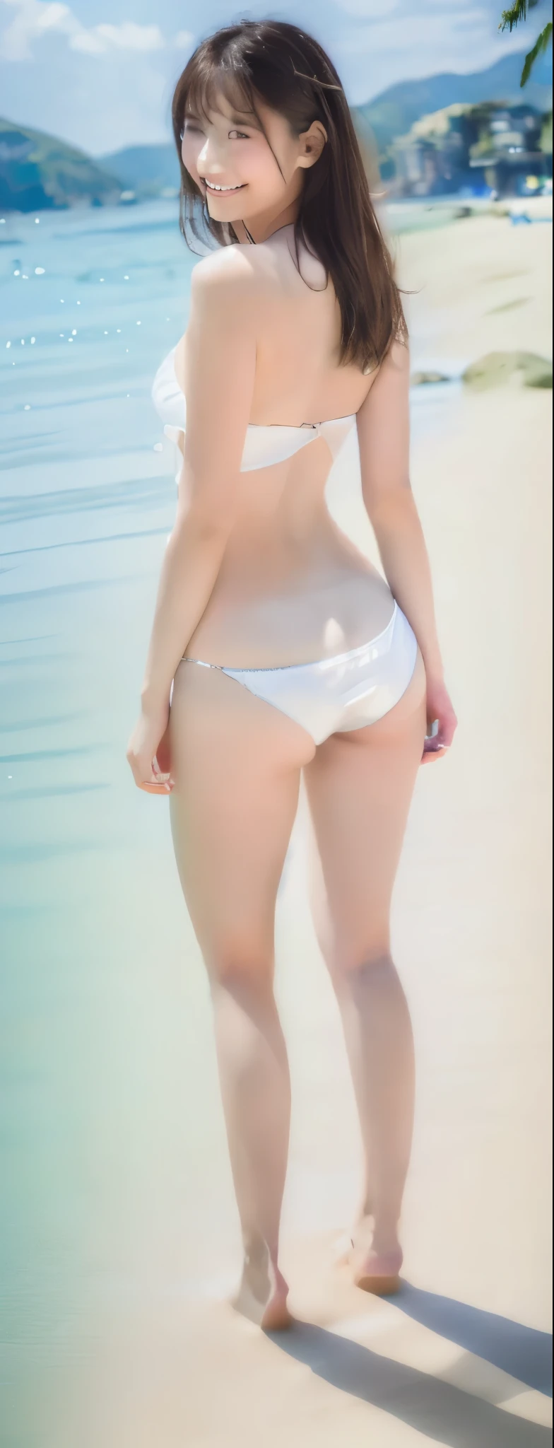 Ultra-detailed photos, Asian woman in her 50s wearing a white bikini on the beach, White silver bikini, Elegant and smooth body, Shapely and firm ass, Rear view, Photorealistic perfect body, Beautiful female waist, Attractive appearance, Metal Bikini, Lower body close-up, Features of a smooth body, Photo from behind, Glossy plastic bikini, Slim girl model photo, smile, Midsummer Day,